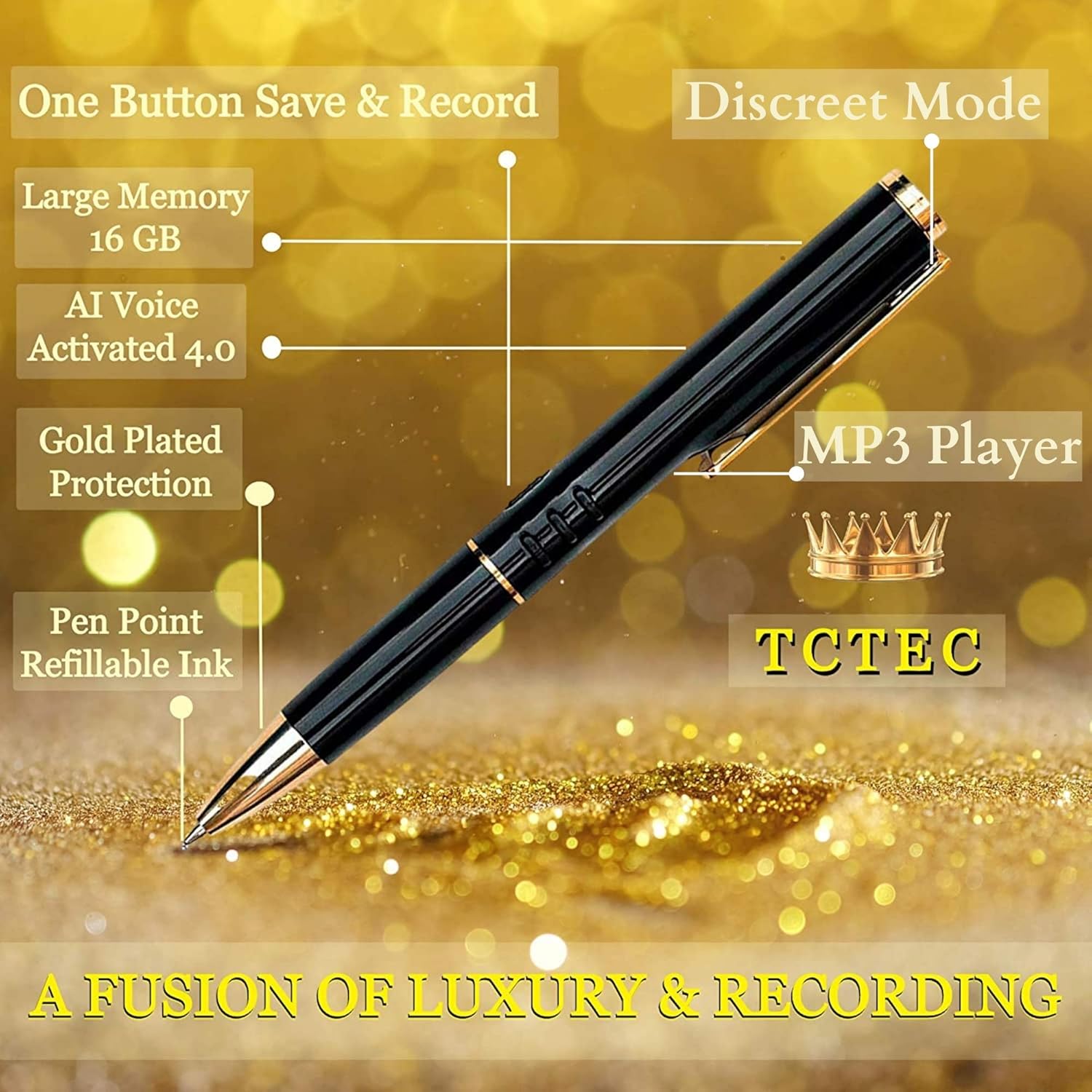 TCTEC Digital Voice Recorder pen highlighting features like 16GB memory, AI Voice Activated 4.0, MP3 Player