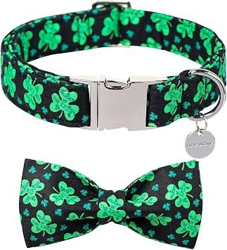 طوق كلب DOGWONG Green Lucky Clover Shamrock مع ربطة عنق، طوق جرو أسود ناعم قابل للتعديل لعيد القديس باتريك للكلاب الصغيرة والمتوسطة والكبيرة