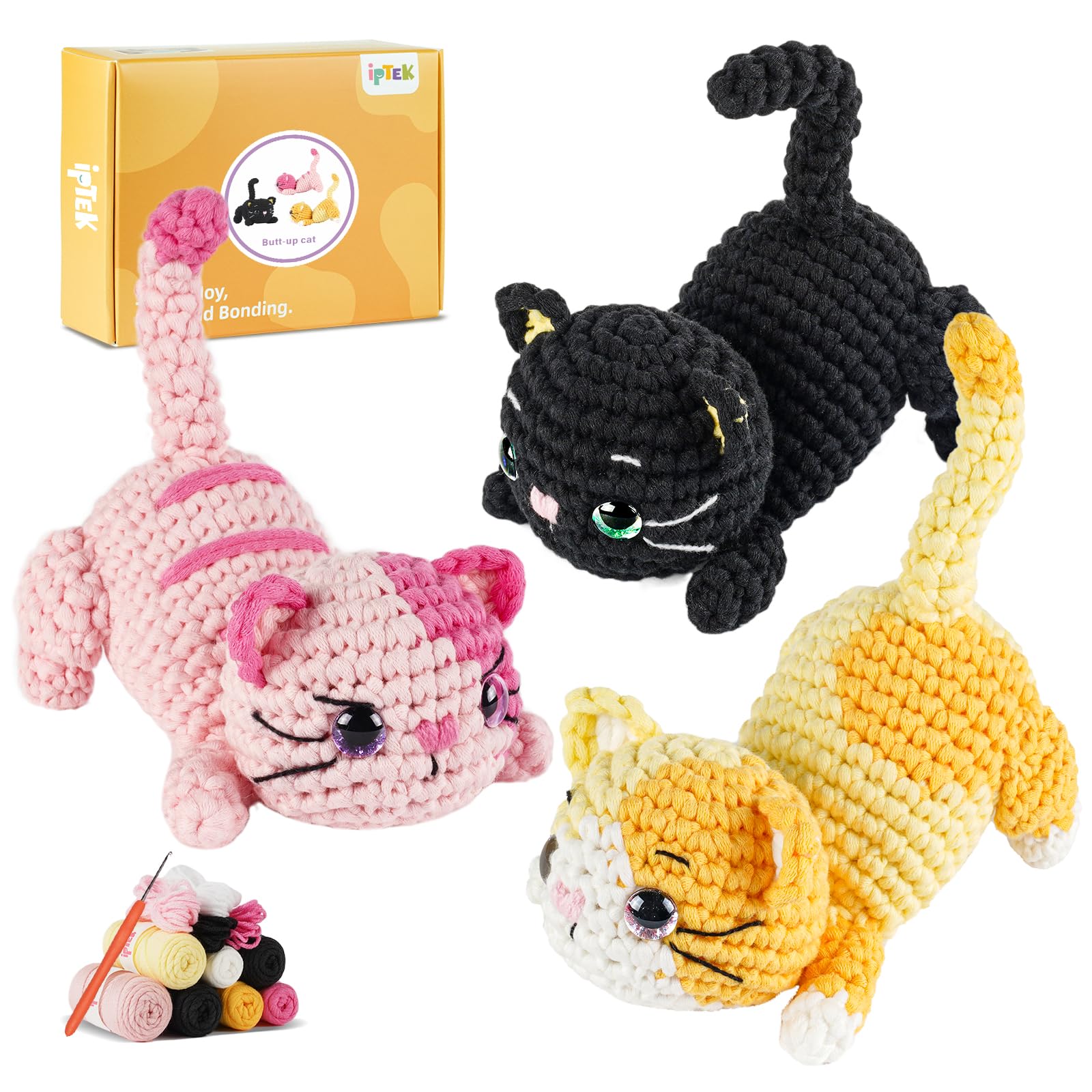 iptek Crochet Kit for Beginners, Learn to Crochet, Include Easy Knitting Soft Yarn, Step-by-Step Video Tutorial, Hook, Holiday Birthday Gift Adults ((3 Pack cat))
