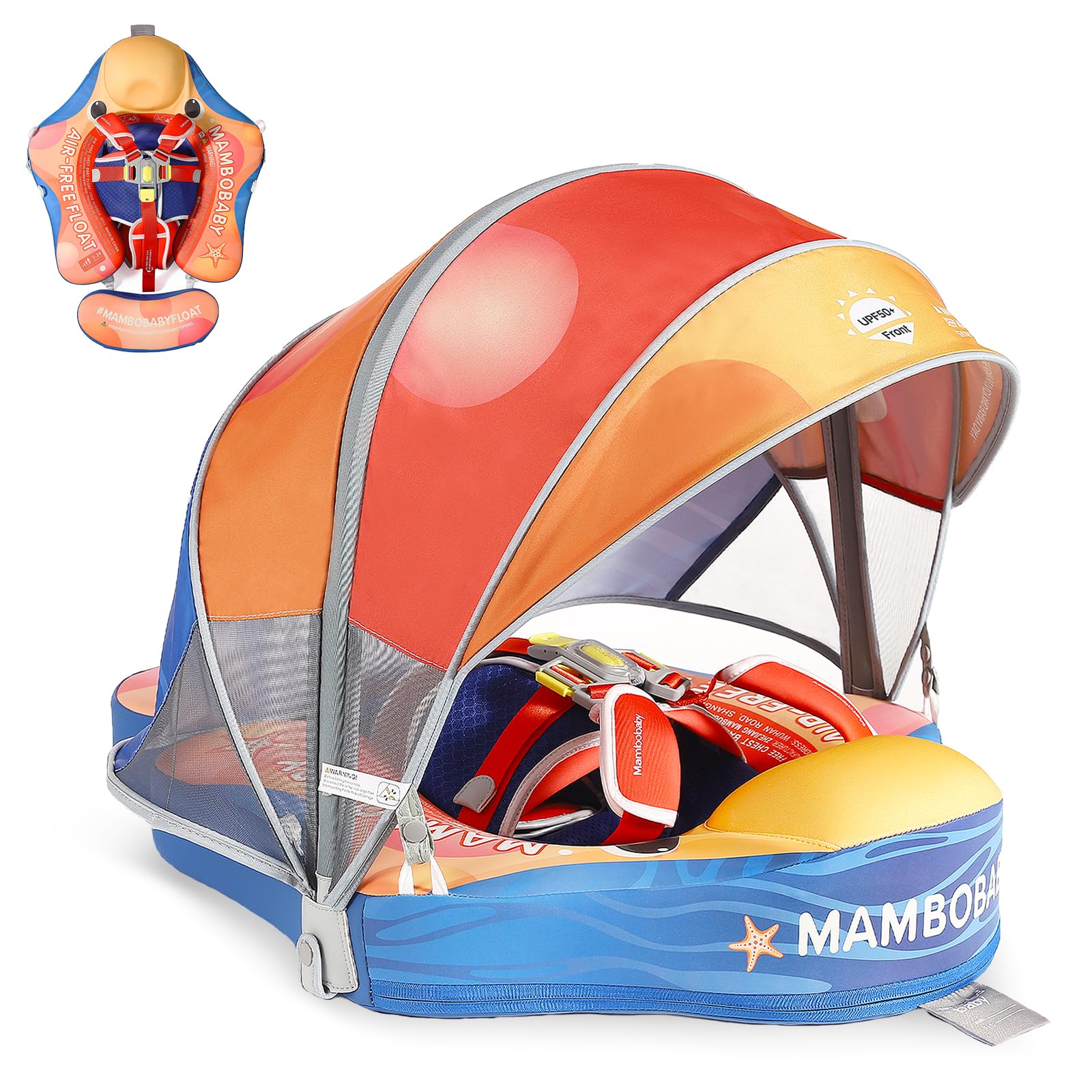 Mambobaby Baby Pool Float with Canopy, Non-Inflatable Infant Floats with Tail Solid Upgrade Soft Waterproof Skin-Friendly Mambo Baby Swimming Float for 3-24 Months Baby Boys Girls