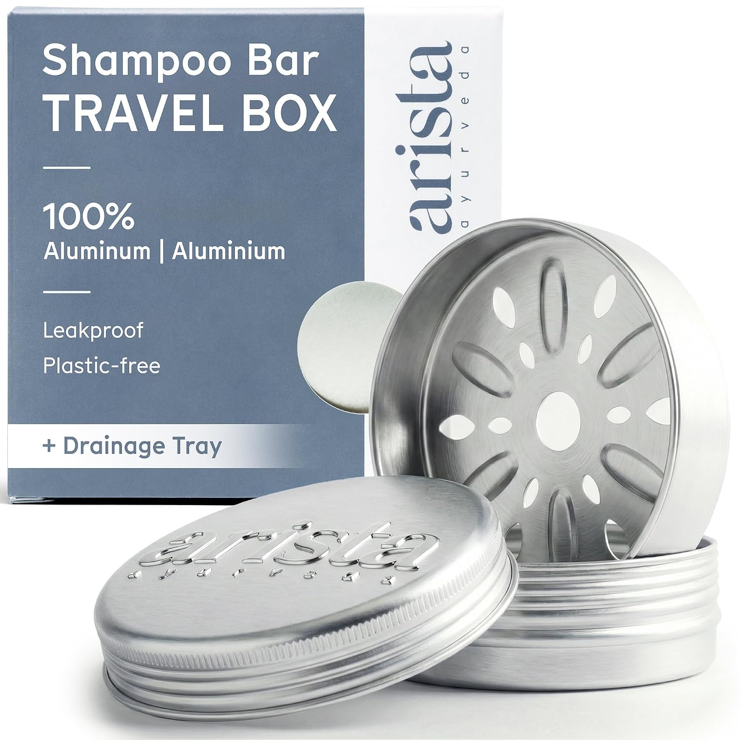 Arista Shampoo Bar Travel Case, Aluminum Soap Dish Travel with Lid & Draining Layer, Leakproof, Shatterproof, Compact & Portable for Camping, Gym or Bathroom
