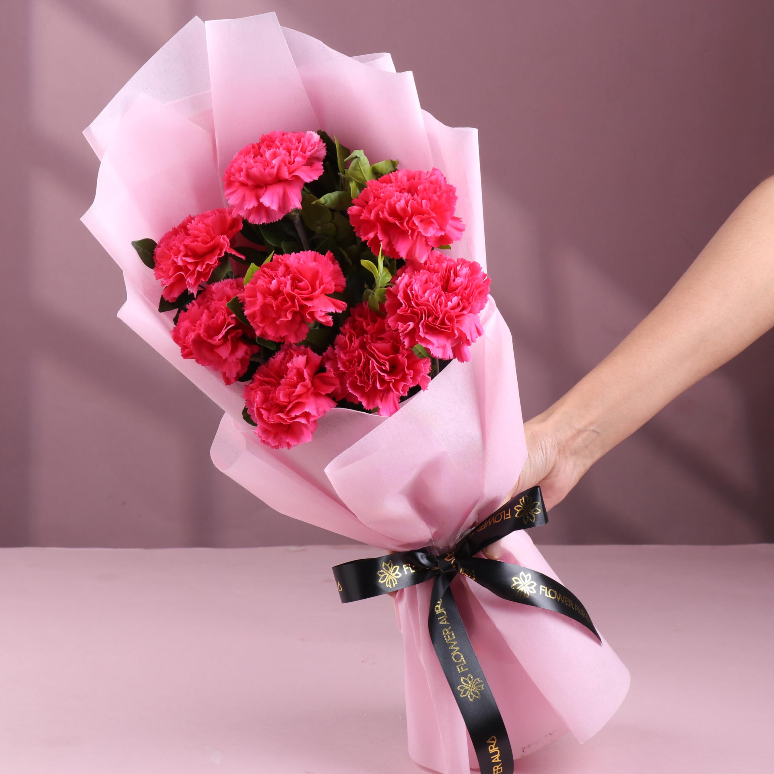 FlowerAura Premium Fresh Live Flower Bouquet of 8 Pink Carnations In Designer Non Wooven Paper Gift For Birthday | Anniversary | Wedding | New Year | Rose Day | Valentine's Day (Same Day Delivery)-picture-14