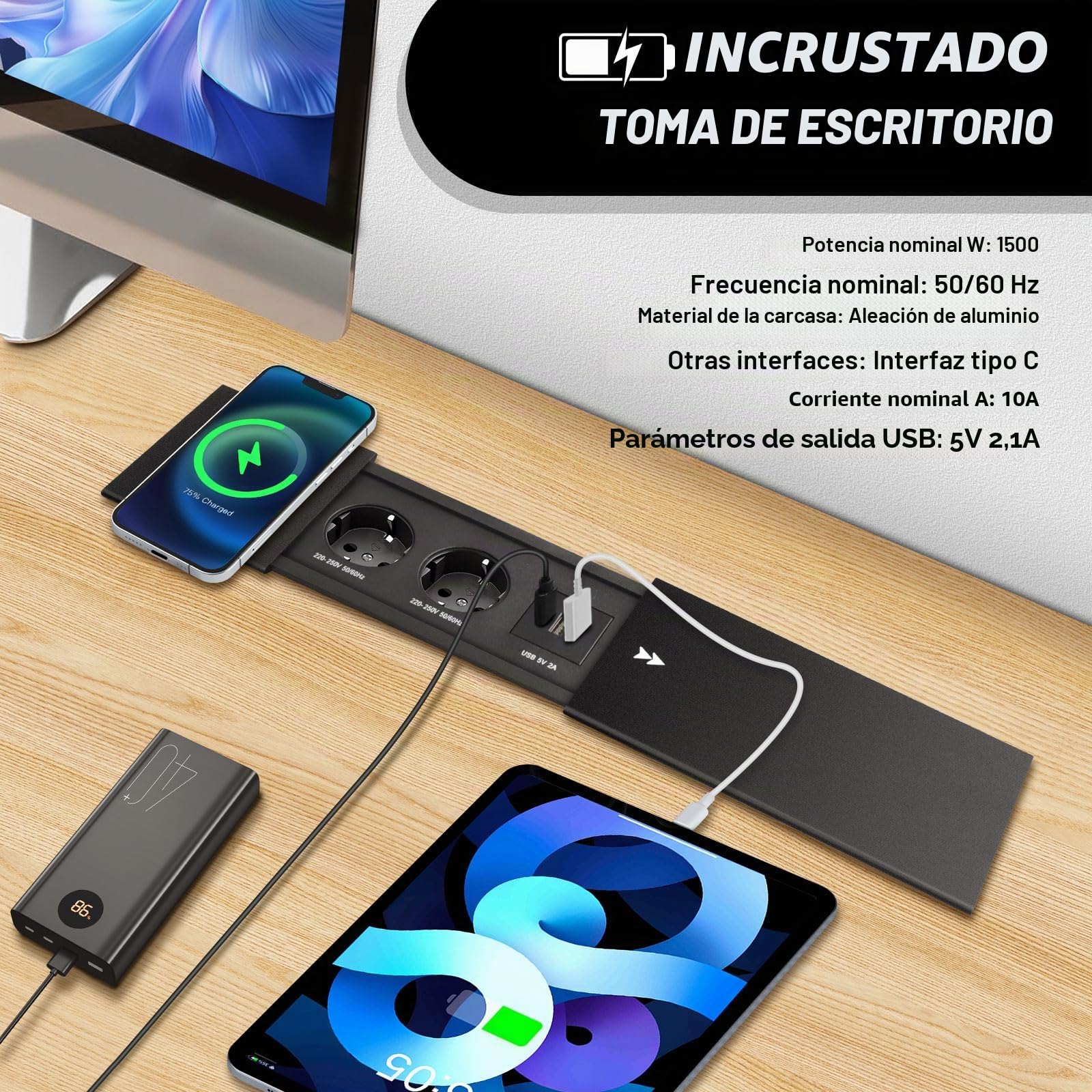 Enchufe empotrable retráctil con Tapa, 2 enchufes, regleta USB C PD | enchufe de mesa, enchufe empotrado, para escritorio, cocina, oficina, mesa de sofá, mesa de conferencias, color negro
