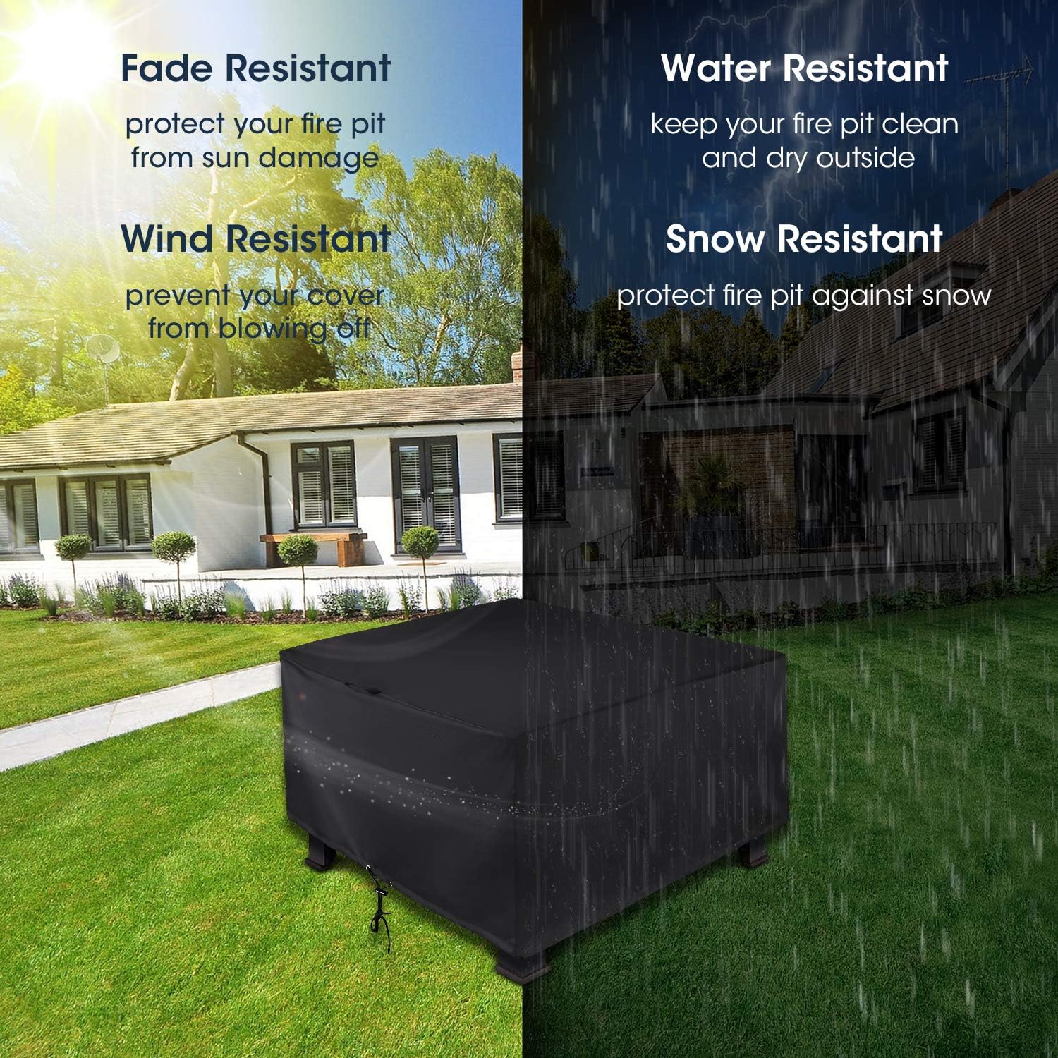 Unicook Square Fire Pit Cover 38 Inch, Heavy Duty Waterproof Fire Table Cover, Outdoor Firepit Protector with Drawstring and Handles, All Weather Protection, Black