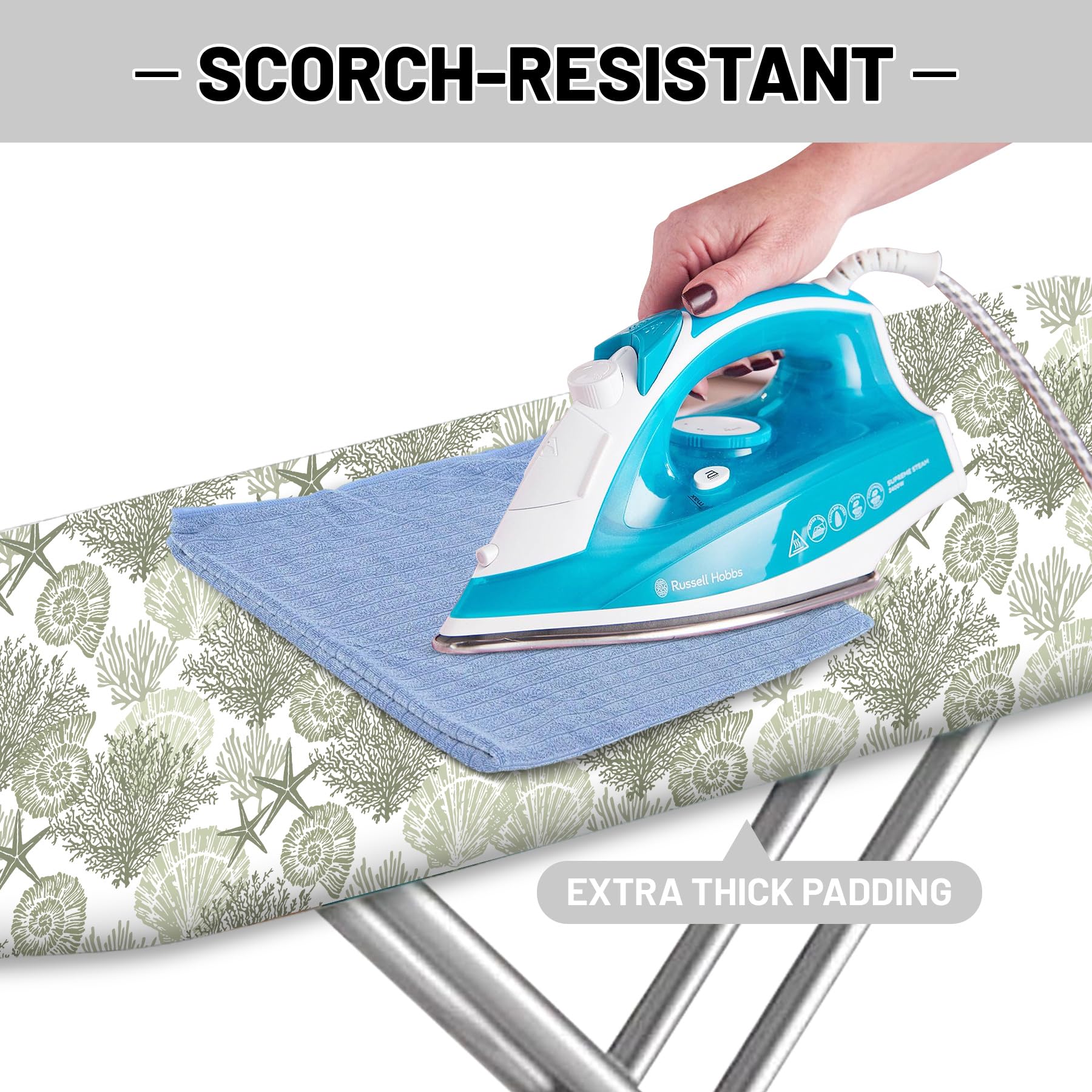 Funda y almohadilla extra gruesa para tabla de planchar, diseño de estrella de mar de coral de verano de 15 x 54 pulgadas, resiste quemaduras y manchas, bordes elásticos, concha costera, verde