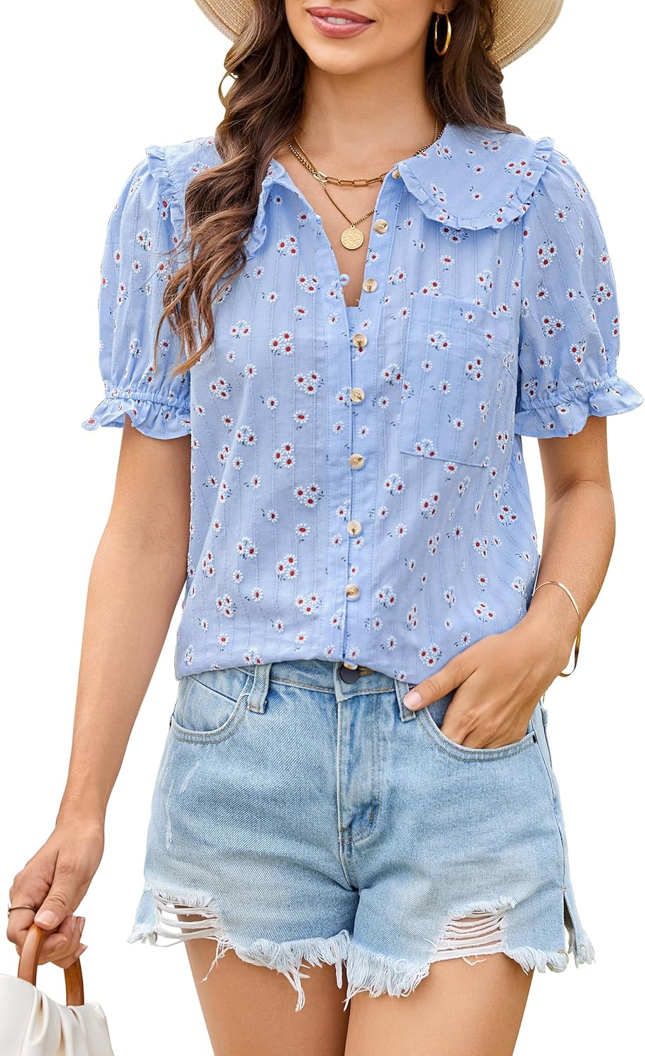 ECOWISH Women's Button Up Shirt - Peter Pan Collar Frilled Short Sleeve Summer Tops Casual Cotton Retro Floral Blouse