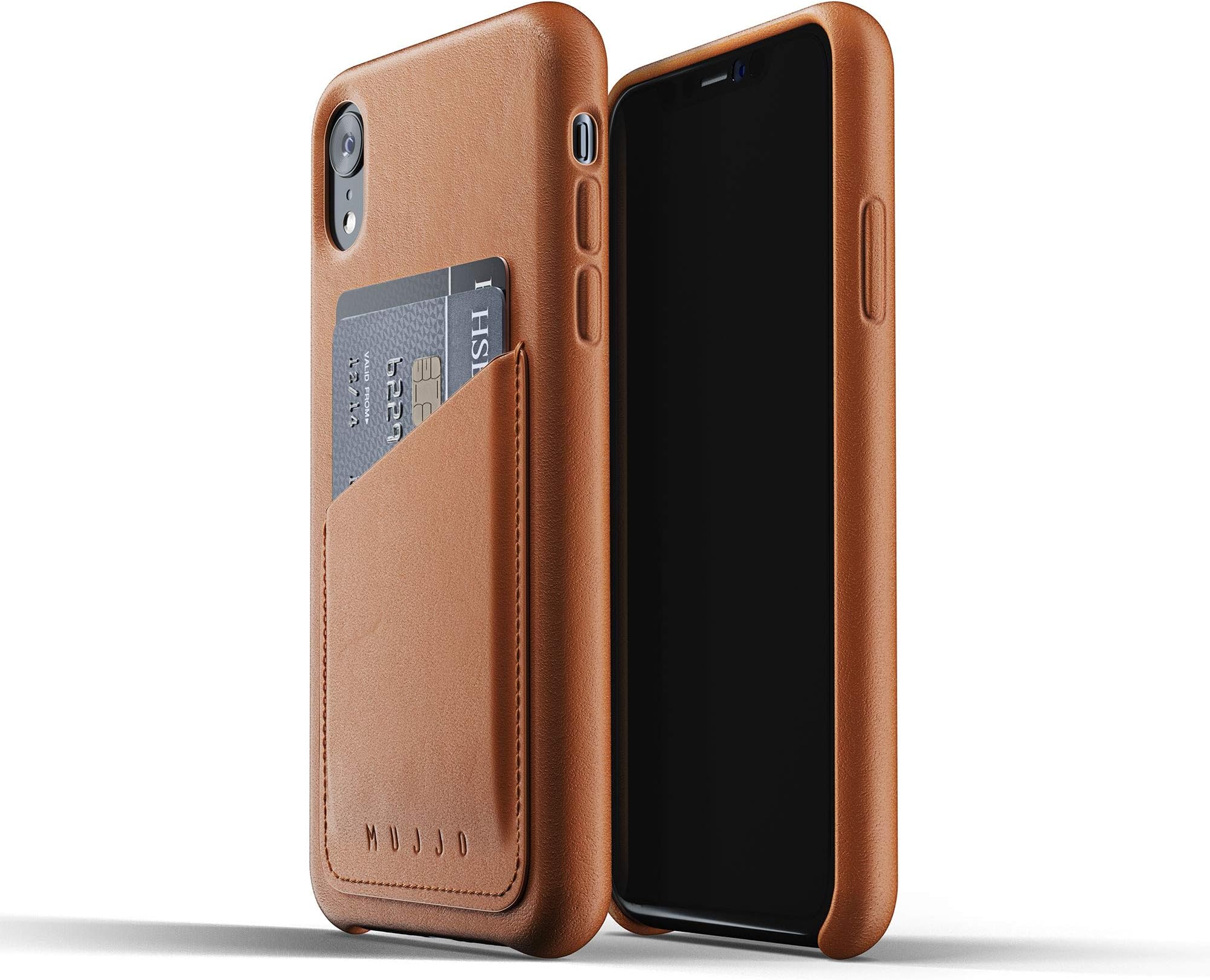 Mujjo Full Leather Wallet Case for iPhone Xr | Premium Genuine Leather, Natural Aging Effect | Leather Pocket for 2-3 Cards, Wireless Charging (Tan)