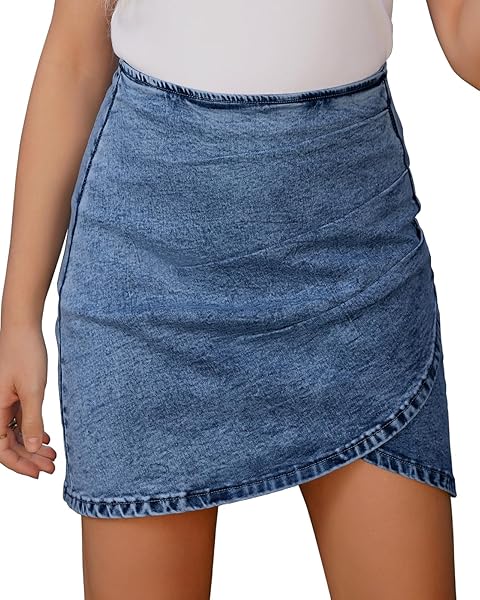 Vetinee Women's Tulip Hem Shirred Washed Casual Bodycon Short Jean Denim Skirt