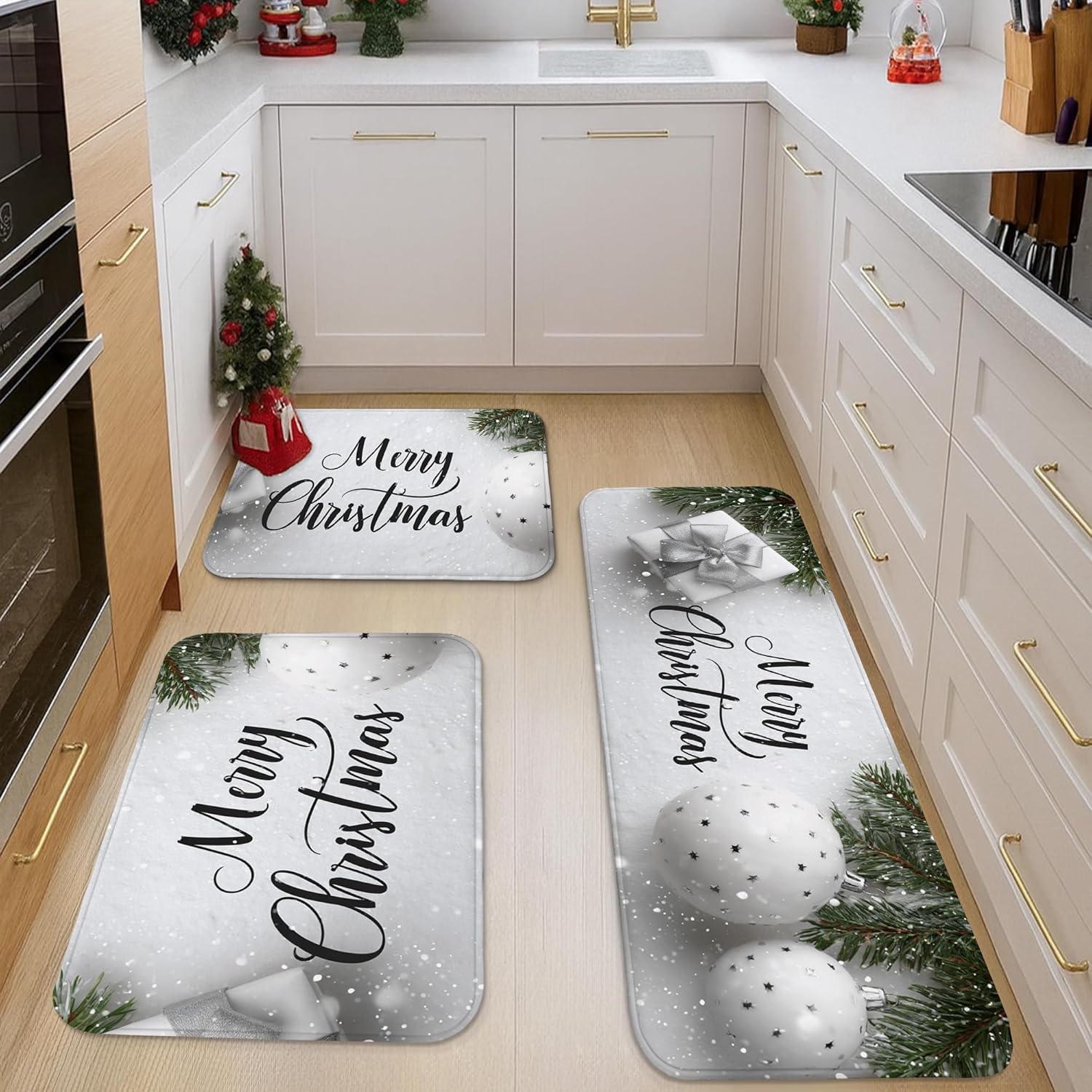Christmas Kitchen Mats for Floor, Silver Snowflakes Soft Mats, Cushioned Comfort Washable Non Slip Rugs for Kitchen Sinks Laundryroom Bathroom 3pcs