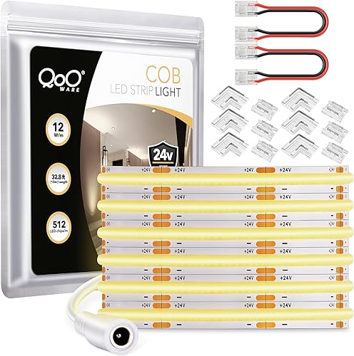 QooWare COB - Tira de luces LED, 32.8 pies, 4000 K, tira de iluminación LED blanca natural, DC24V 5120LEDs CRI 90+ 0.315 in, luces LED uniformes