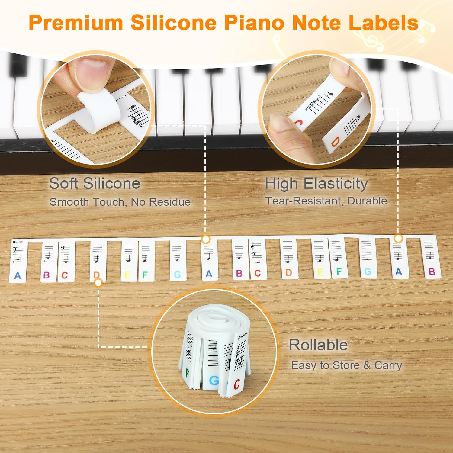Premium Silicone Piano Keyboard Note Labels for Beginners, Removable & Reusable Piano Keyboard Stickers for Learning, 88 Key Full Size Piano Notes Guide with Storage Box (Rainbow Colors)