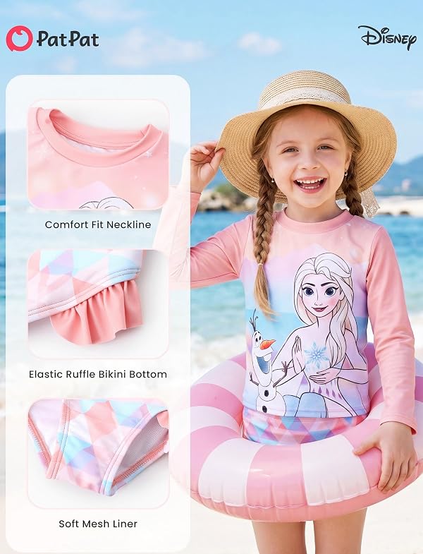 Disney Frozen Elsa Two Piece Tankini Swimsuit Baby Girl Long Sleeve Summer Rashguard Bathing Suit UPF 50+ Beach Pool Ruffle Swimwear Holiday Swimming Suit Set Toddler Pink Size 2 Years by Disney - Image 4