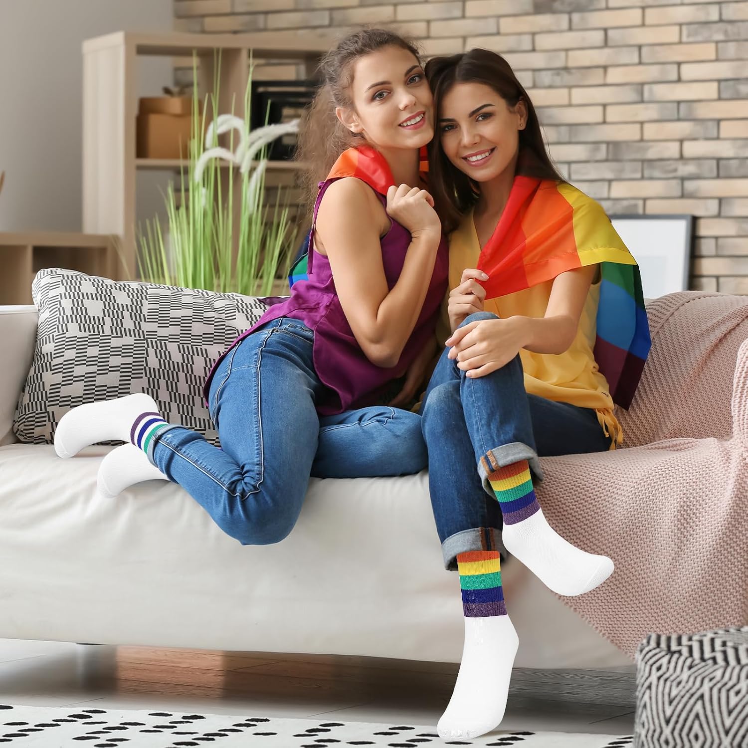 4 Pairs Pride Socks Rainbow Socks Rainbow Striped Socks Women Novelty Cotton Socks Rainbow Athletic Crew Sock for Women Men Lesbian Gay Gifts Parades LGBT Pride Accessories