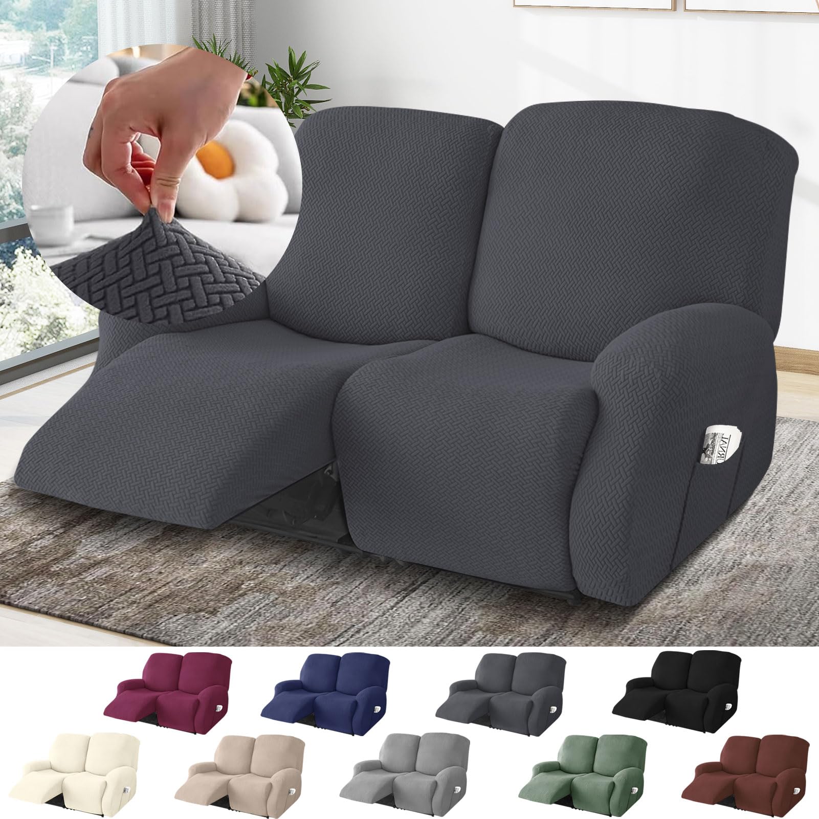 BOYIFEIJIE 2-Seater Recliner Sofa Covers, All-Inclusive Striped Jacquard Sofa Slipcover with Pocket, Non-Slip Stretch Recliner Protector for Living Room Recliner Sofa (Dark Gray, 6-Pieces) — image 1
