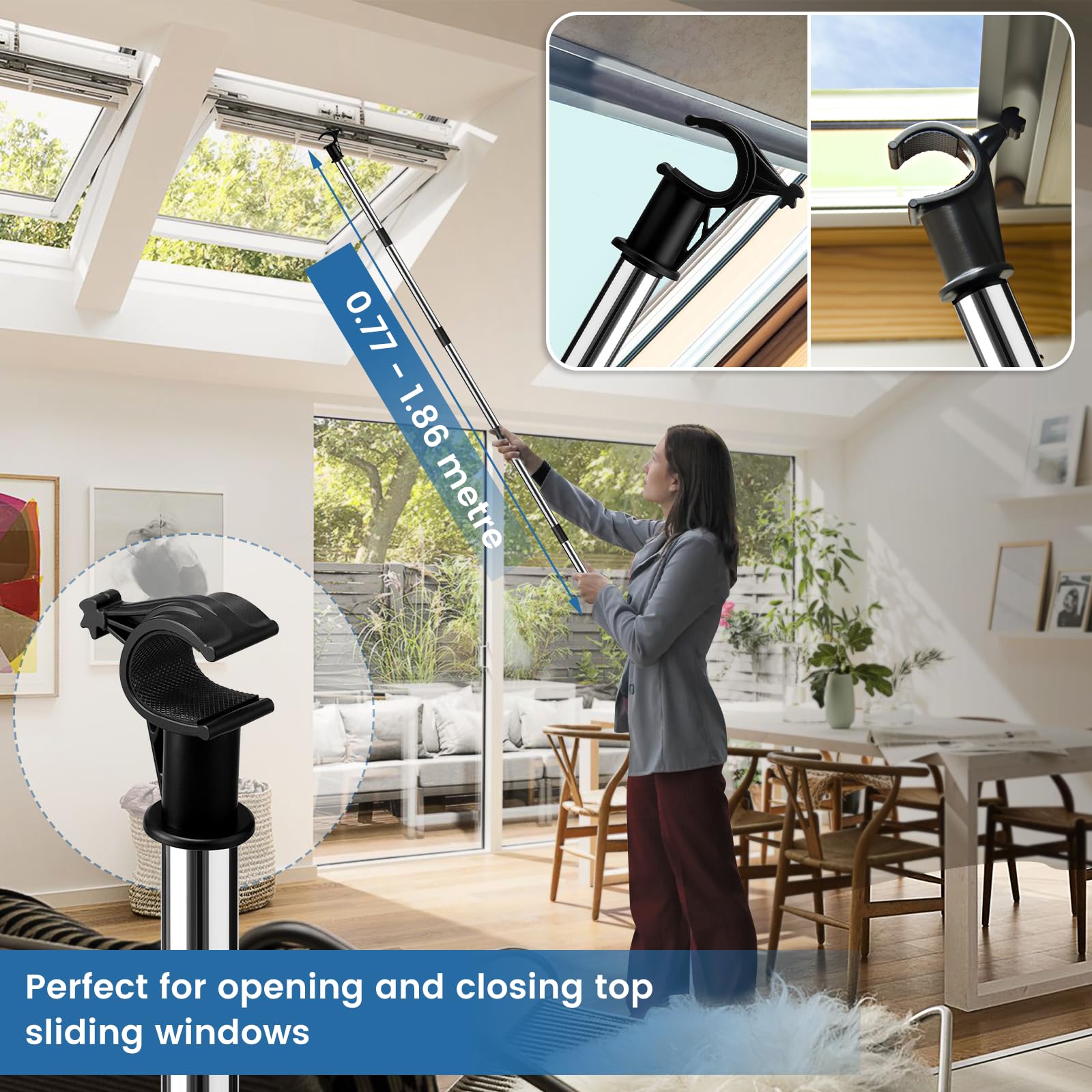 Apri palo per finestra, asta telescopica multiparte da 1,86 m, con gancio, compatibile con tende Velux GGL/GGU per lucernari, in acciaio inox, per scale a soppalco, finestre scorrevoli verticali