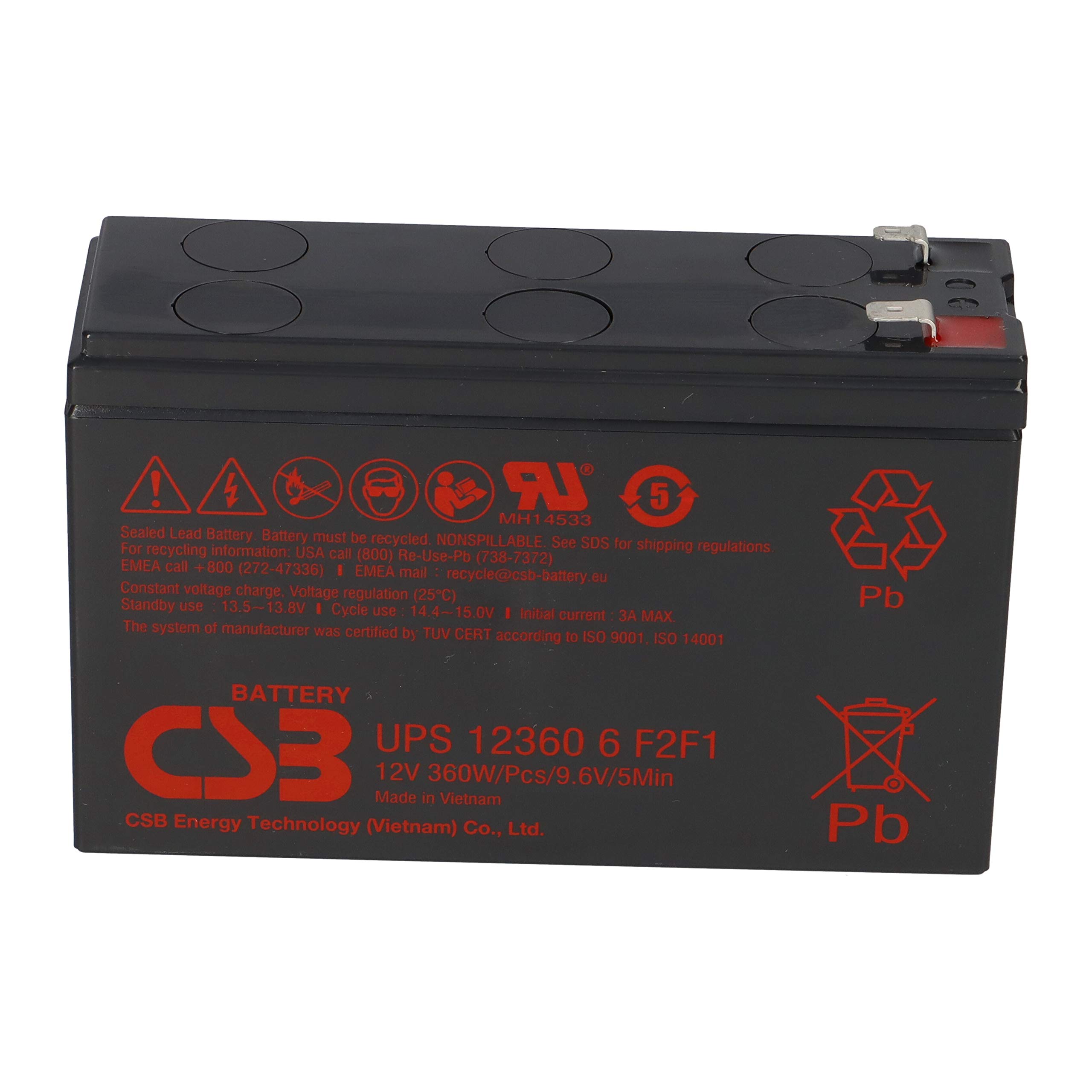 WSB Battery CSB AGM UPS123606 F2F1 - Batería de Plomo de Alta Corriente (12 V, 7 Ah)