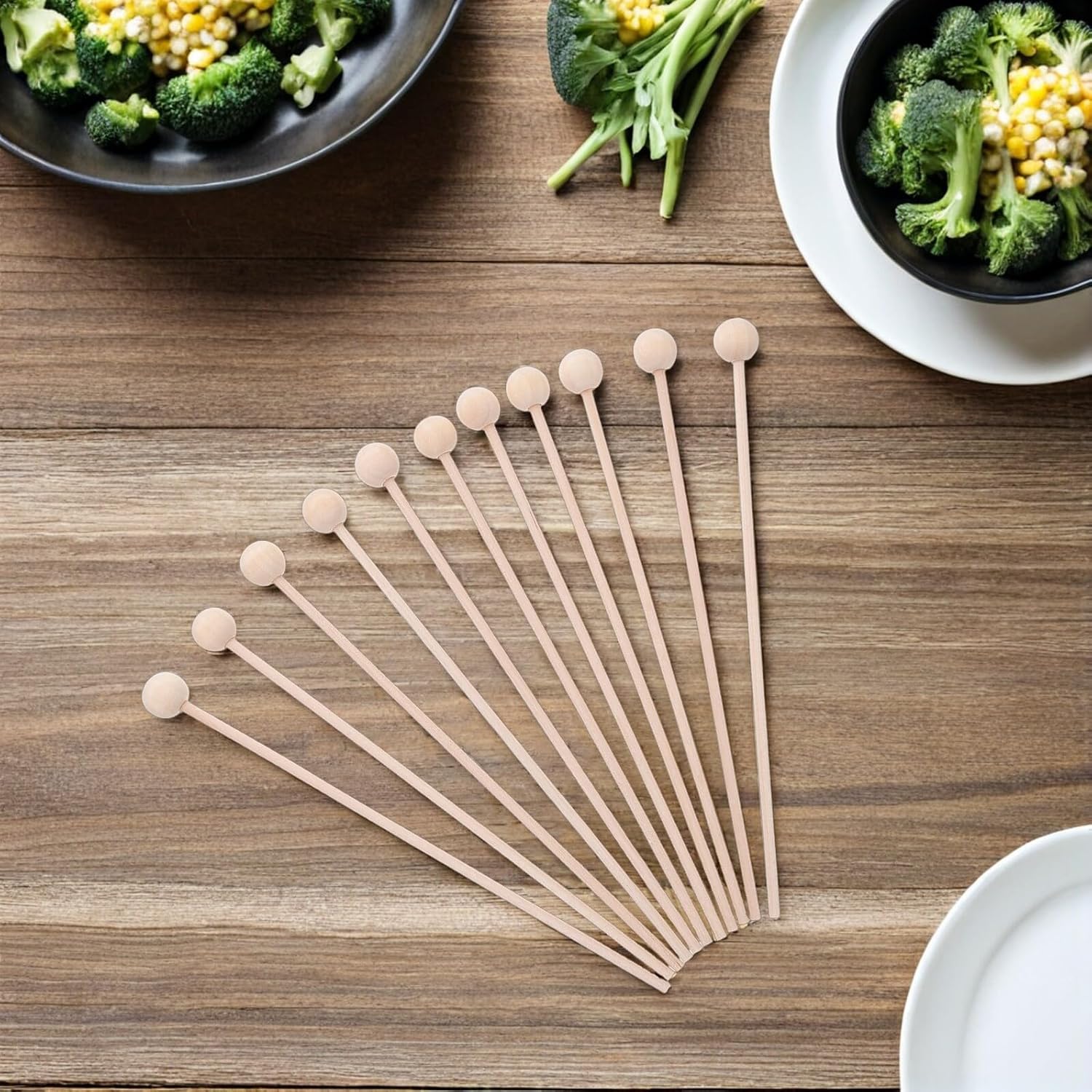 VALICLUD 100pcs Disposable Wood Coffee Swizzle Sticks Ball Top Cocktail Mixing Stirrers for Coffee Whiskey Beverage Home Bar Use