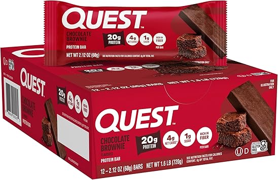 Quest Nutrition Chocolate Brownie Protein Bar, 20g Protein, 12 Count | 15g Fiber, 4g Net Carbs, 1g Sugar, Gluten Free, High Quality Protein, Soft and Chewy, Individually Wrapped 2.12oz Bars