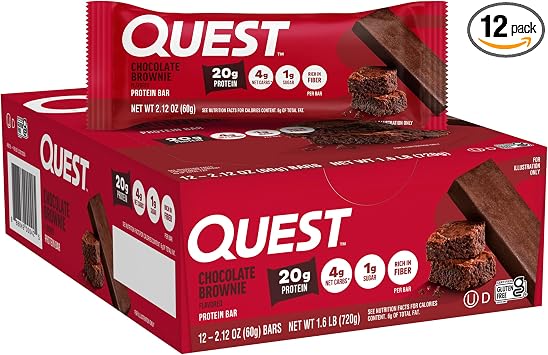 Quest Nutrition Chocolate Brownie Protein Bars - Pack of 12 Protein Bars | 15g Fiber, 4g Net Carbs, 1g Sugar, Gluten Free, High Quality Protein, Soft and Chewy, Individually Wrapped 2.12oz Bars