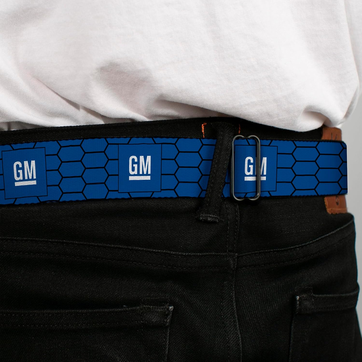Belt Seatbelt Buckle GM Bug Logo Honeycomb Grill Blue Black White 24 to 38 Inches