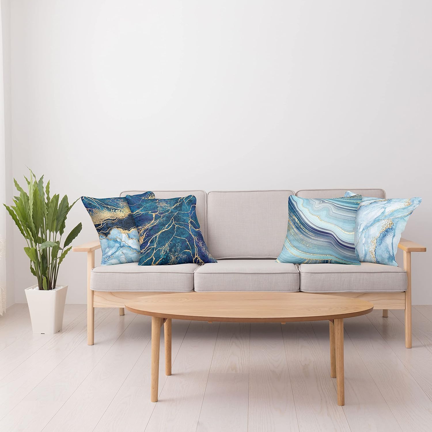 Ambesonne Marble Print Throw Pillow Cushion Case Pack of 4, Modern Themed Pastel Stone Stain Look Veins Marbling Aquatic Tones, Modern Accent Double-Sided Digital Printing, 18", Pale Blue Indigo