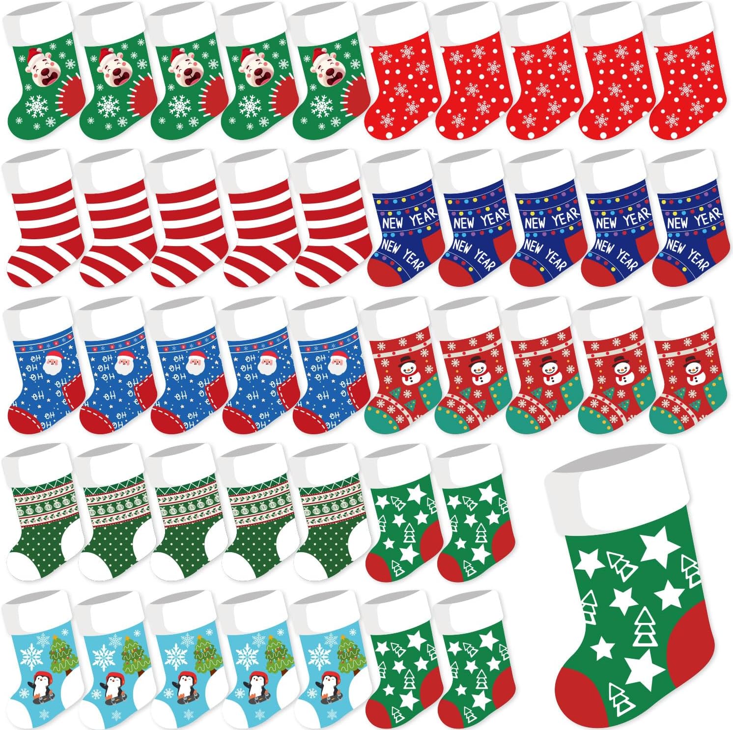 45pcs Colorful Christmas Stocking Cutouts, 9 Styles Assorted Xmas Stocking Paper Cutouts Christmas Classroom Decoration Bulletin Board Cutouts with Glue Point for Holiday Xmas Party Supplies
