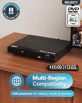 MAJORITY HDMI DVD Player for TV 1080P Region Free DVD Players for Smart TV | Mini DVD Player with USB, CD & MP3 Playback & DVD-R/RW Compatible | HDMI & RCA Cables | Remote Included