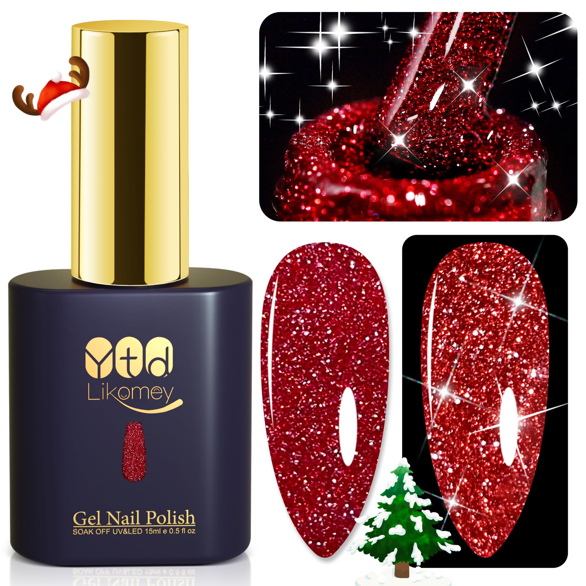 Reflective Glitter Gel Nail Polish,15ml Red Flash Diamond Shimmer Nails Gel,Sparkly Shiny Salon Home Fall Winter Manicure UV Color Varnish,SZ001