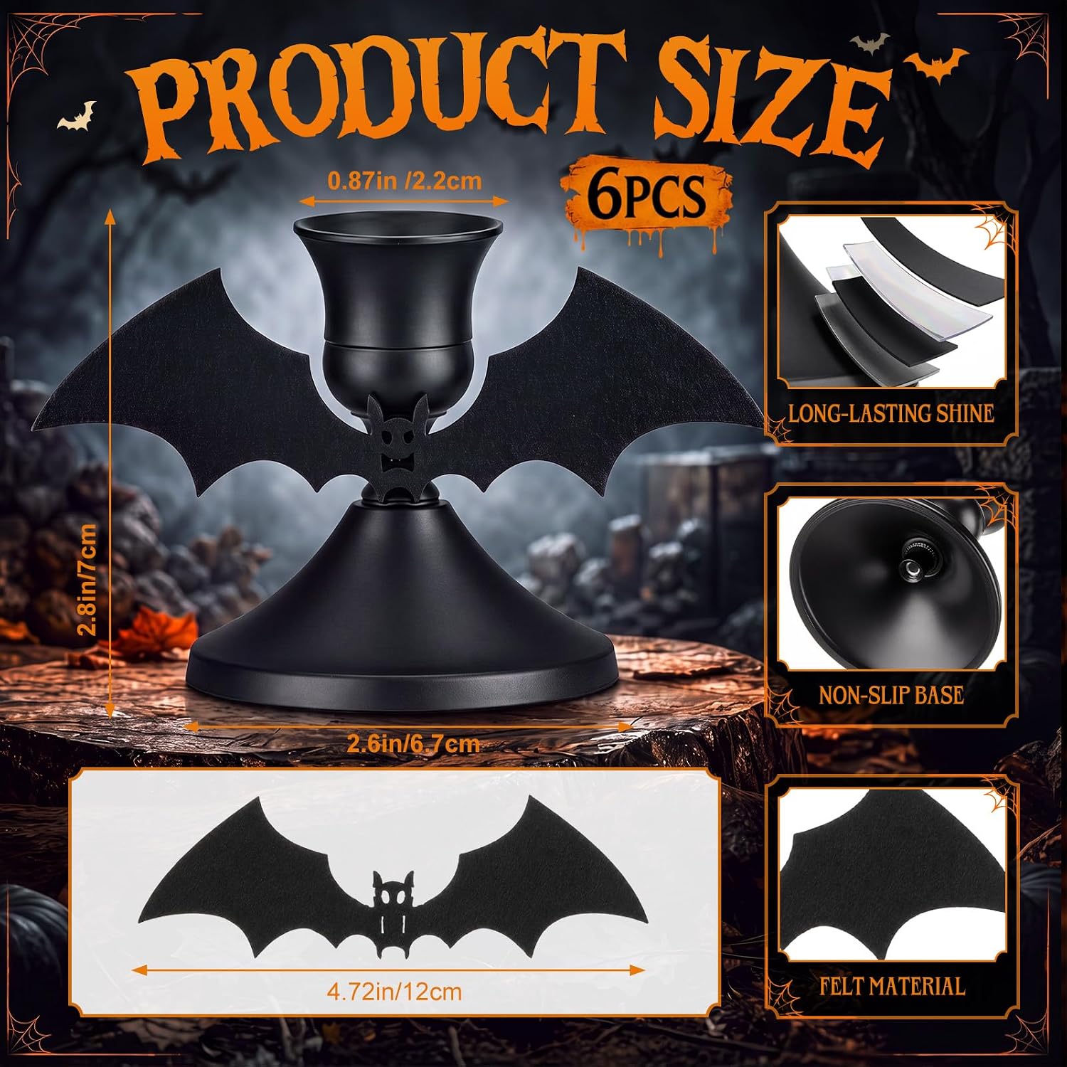 6 Pack Black Metal Candle Holders with Bat Wings, Taper Stands