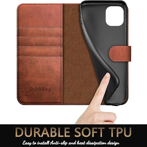 Miniatura 6 de DuckSky Funda tipo cartera de piel auténtica para iPhone 11 con bloqueo RFID, 4 tarjeteros de crédito. Cuero auténtico. Funda protectora para iPhone