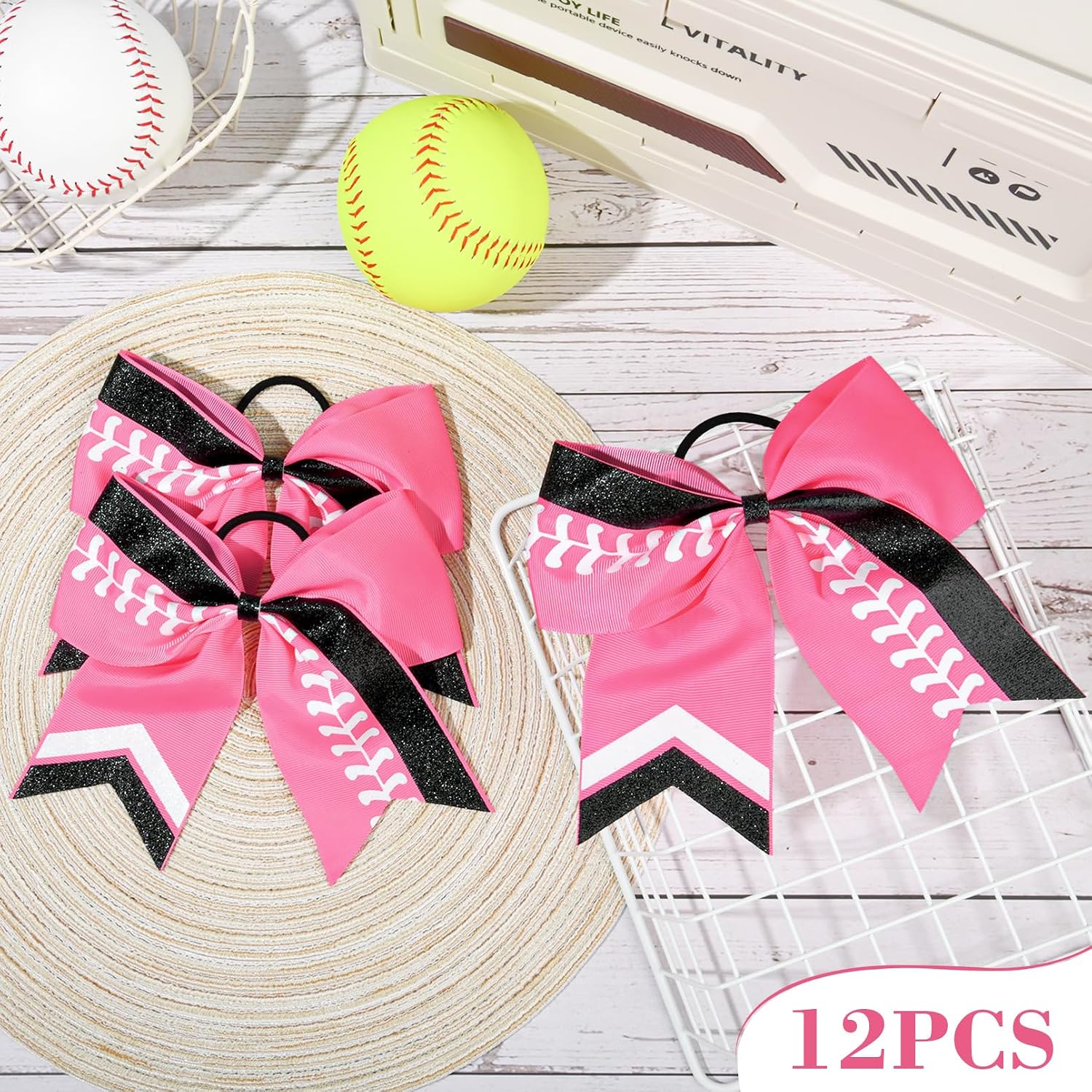 DEEKA 8" Softball Cheer Bows with Glitter Stitching Thread Cheerleader Bows Ponytail Holder for Softball Team Girls Pack of 12 (Pink+ Glitter Black/White)