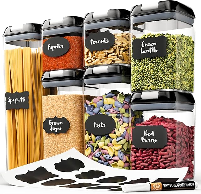 Chef's Path Airtight Food Storage Container Set - Labels & Marker - Kitchen & Pantry Containers - Ideal for Flour, Cereal, Spaghetti, Pasta & more - Clear Plastic Canisters with Durable Lids