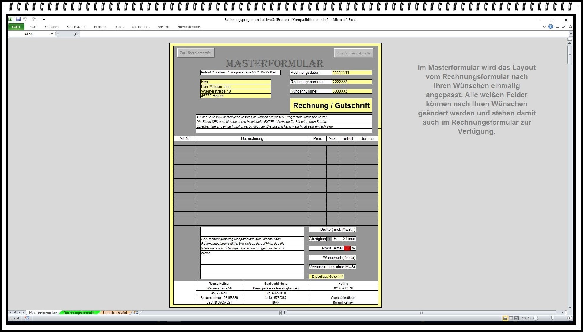 Rechnungsprogramm mit Produktpalette, Kundendatenbank, PDF Funktion, 2 Steuersätze, für Kleinunternehmer § 19 UStG