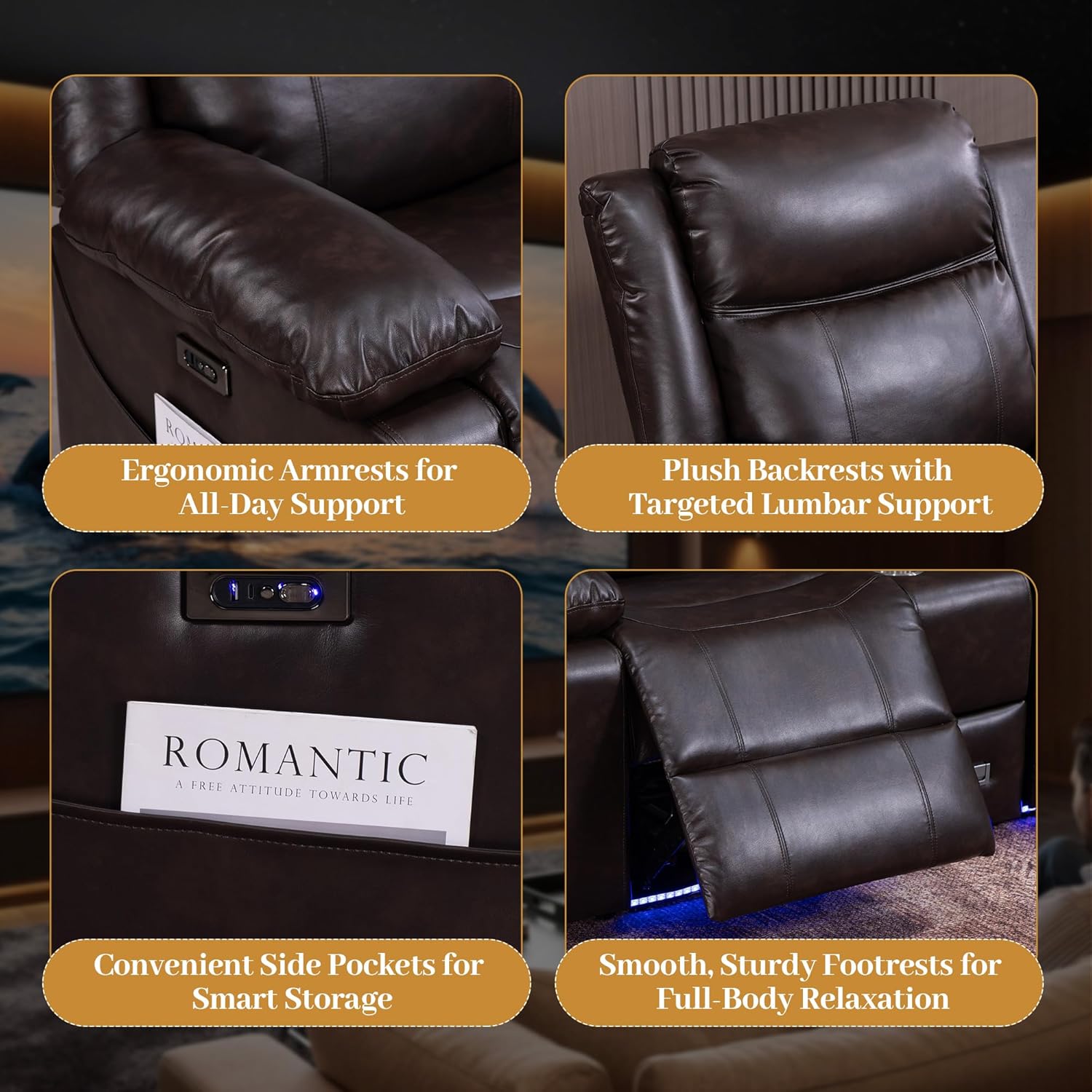 Home Theater Seating with Colorful LED Lights, Power Loveseat Recliner Sofa with Console, Movie Theater Chairs Gaming Sofa with Drawer/USB/Cup Holder for RV(Brown, 2 Seat with Console) | Wall Hugger, Storage, Console