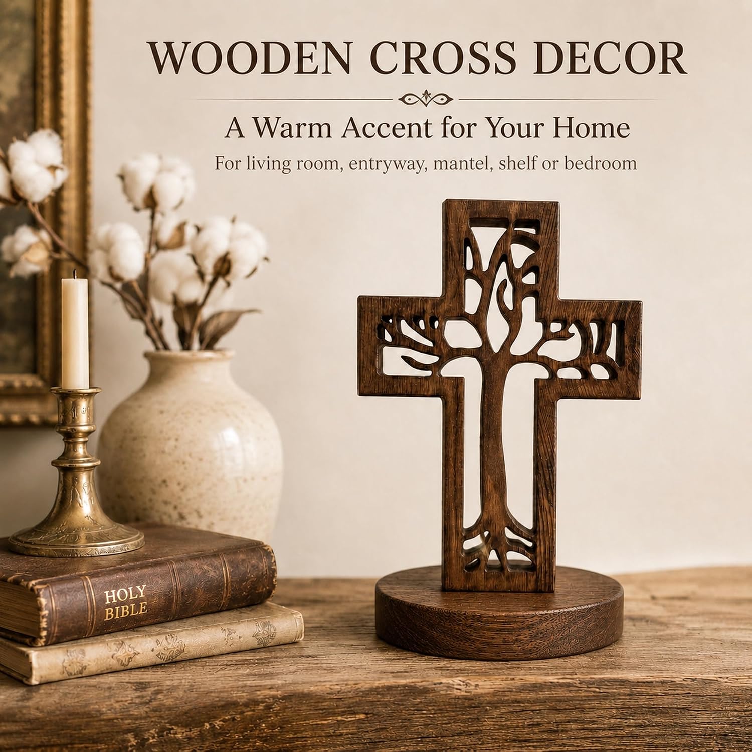Tree of Life Wooden Cross Decor 8inch Carved Christian Cross Freestanding or Wall Hanging with Attached Stand for Tabletop Display, Rustic Solid Pine Religious Gift for Vintage Retro Home Living Room