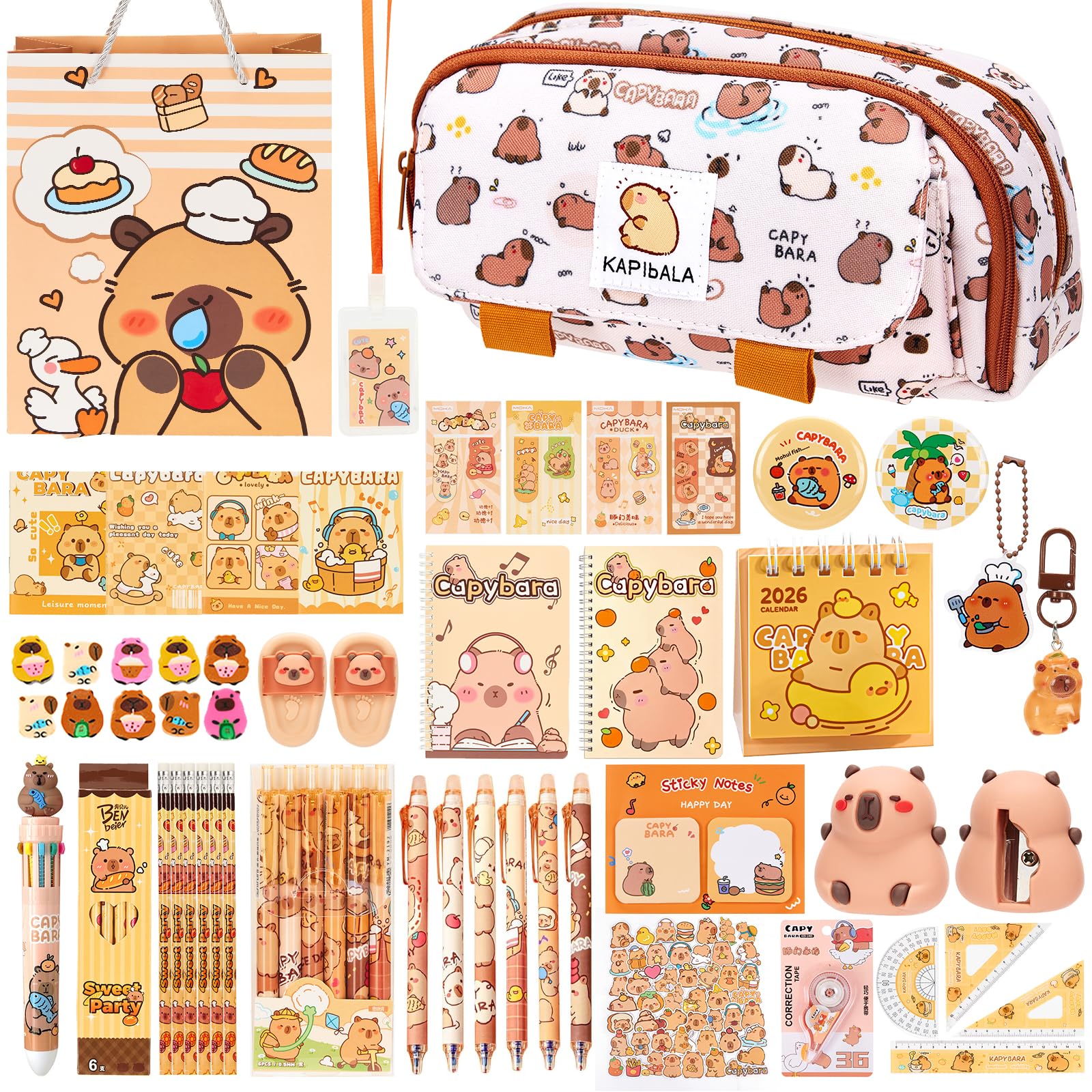 Capybara Pencil Case, Capybara Stationery Set Stationery Set(108pcs) Multifunctional Pencil Pouch Large Capacity Case with Zip Include Capybara Pens Stickers Sticky Notes for Office Kids Students Scho
