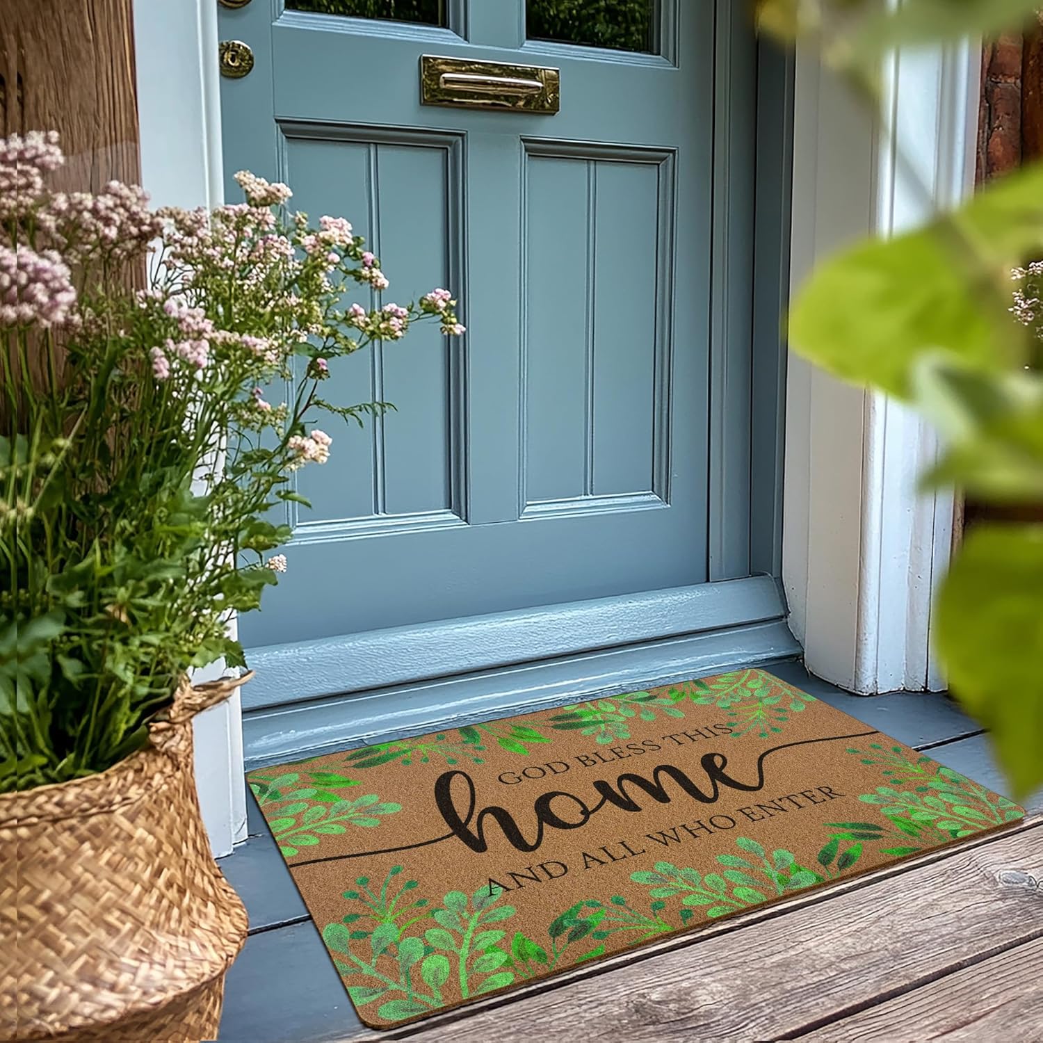 God Bless This Home And All Who Enter Door Mat, Christian Eucalyptus Welcome Front Door Mat Indoor Outdoor Entrance, Rustic Botanical Artificial Coir Doormat Rugs for Patio Entry Decor 30x17in
