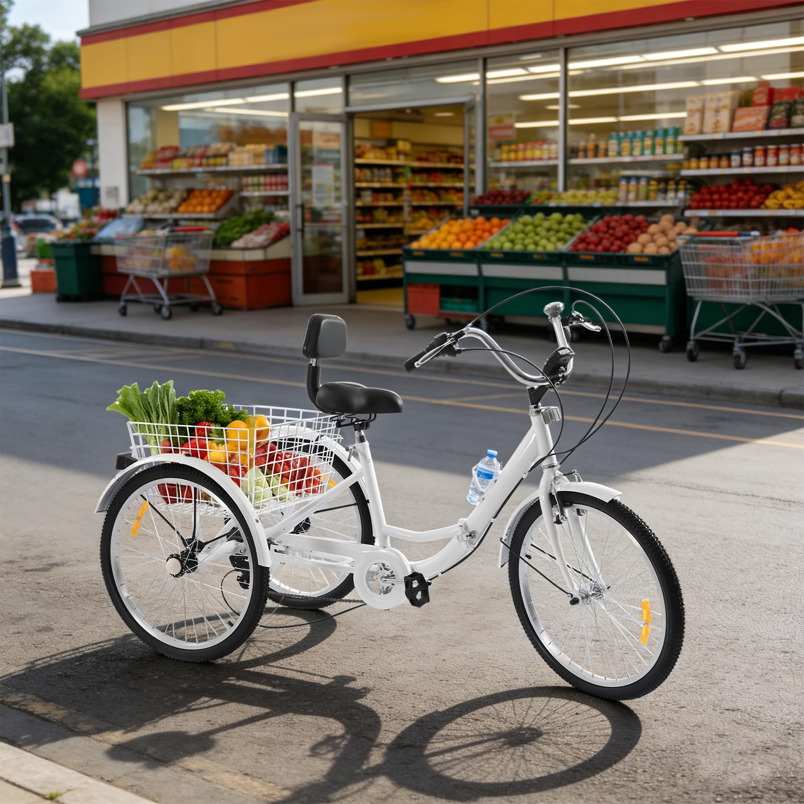 Triciclo pieghevole per adulti, 24 pollici, 7 velocità, 3 ruote, con cestino, portata 110 kg, bici da città da 175 cm, sedile regolabile, adatta per adulti, colore bianco