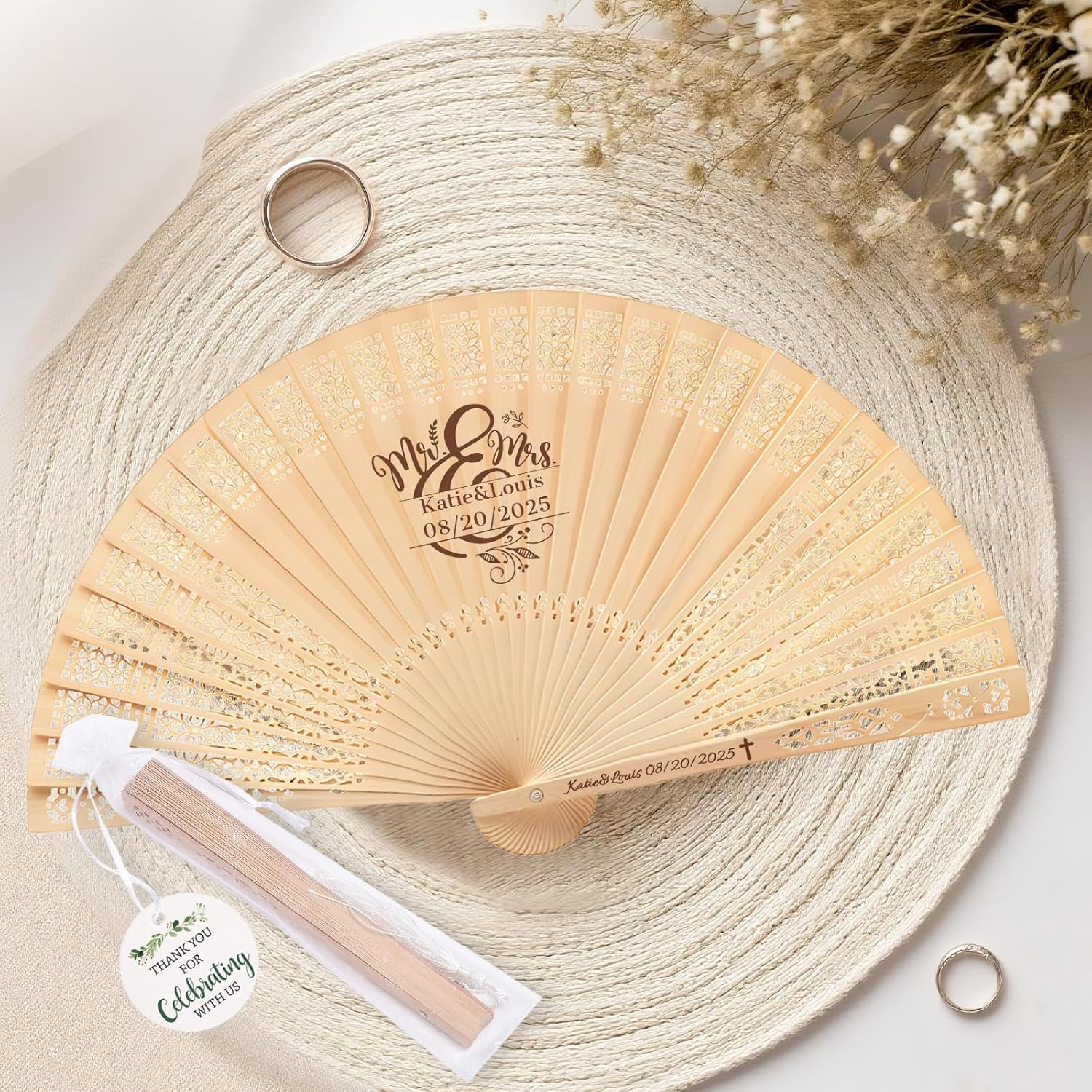 HJX Personalized Wooden Folding Hand Fans Custom Engraved with Organza Bags Wedding Party Favors for Guests Bulk (100, Style-2)