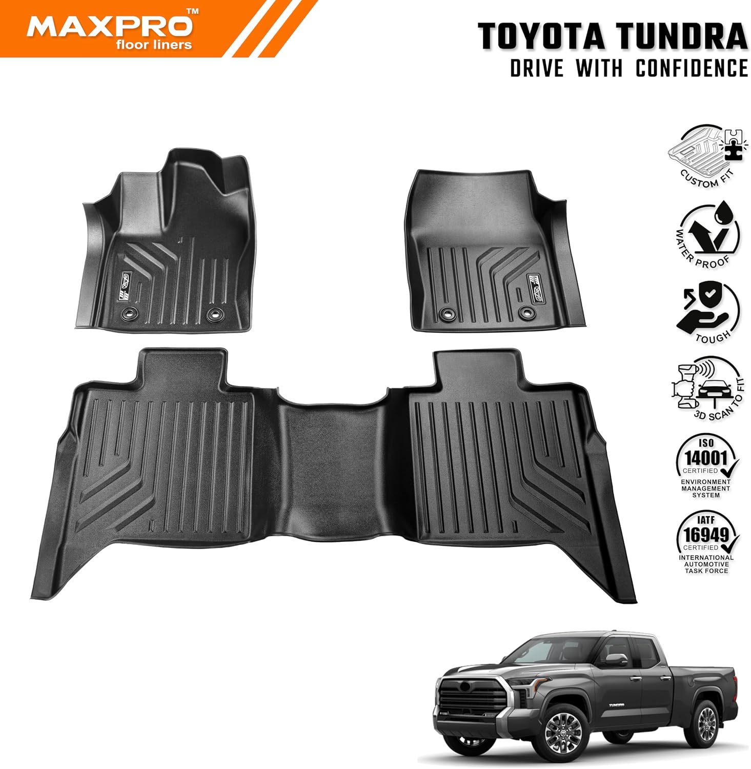 Premium MAXPRO All Weather Floor Mats for Toyota Tundra 2022-2026 CrewMax & Double Cab | Custom Fit TPE Floor Liners 1st & 2nd Row Full Set | Waterproof Heavy Duty Car Mats Automotive Accessories