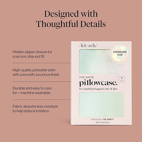 Vista 3 de Kitsch - Funda de almohada de satén con cremallera de tamaño queen/estándar, para el cabello y la piel, funda refrescante más suave que la seda