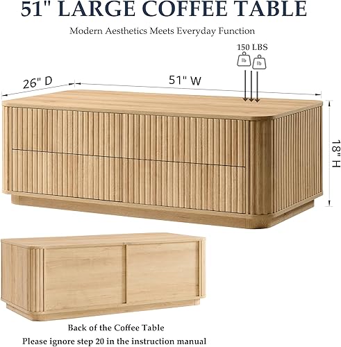 Miniatura 2 de JXQTLINGMU Mesa de centro acanalada de 51 pulgadas con almacenamiento, moderna mesa de centro grande con 4 cajones, mesa central rectangular