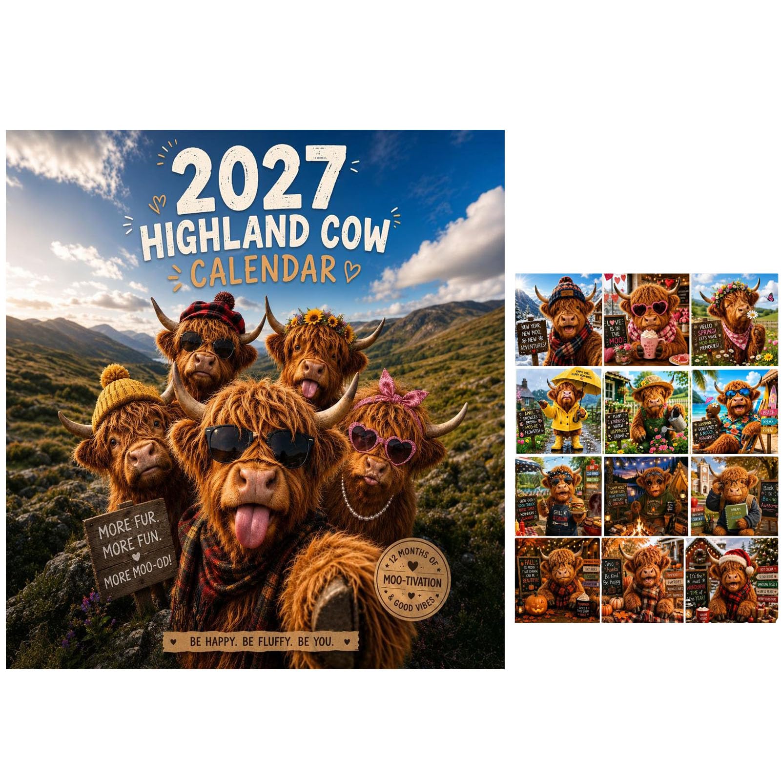 2027 Funny Highland Cow Wall Calendar A4 Hanging Calendar (A)