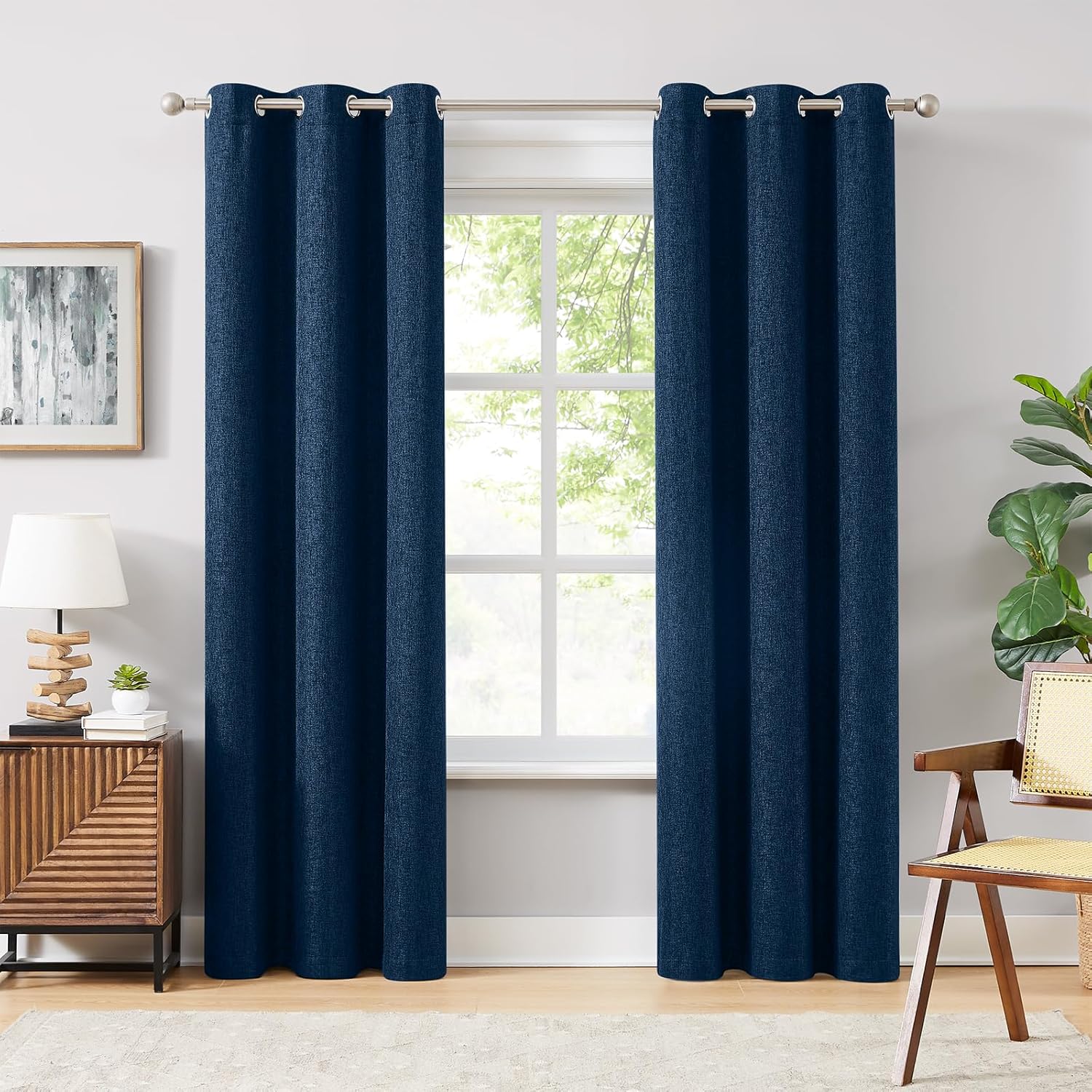 Melodiux Blue Linen Textured Room Darkening Curtains for Bedroom, Living Room, Farmhouse Silver Grommet Window Curtain Drapes, 42 by 84 Inches (2 Panel)