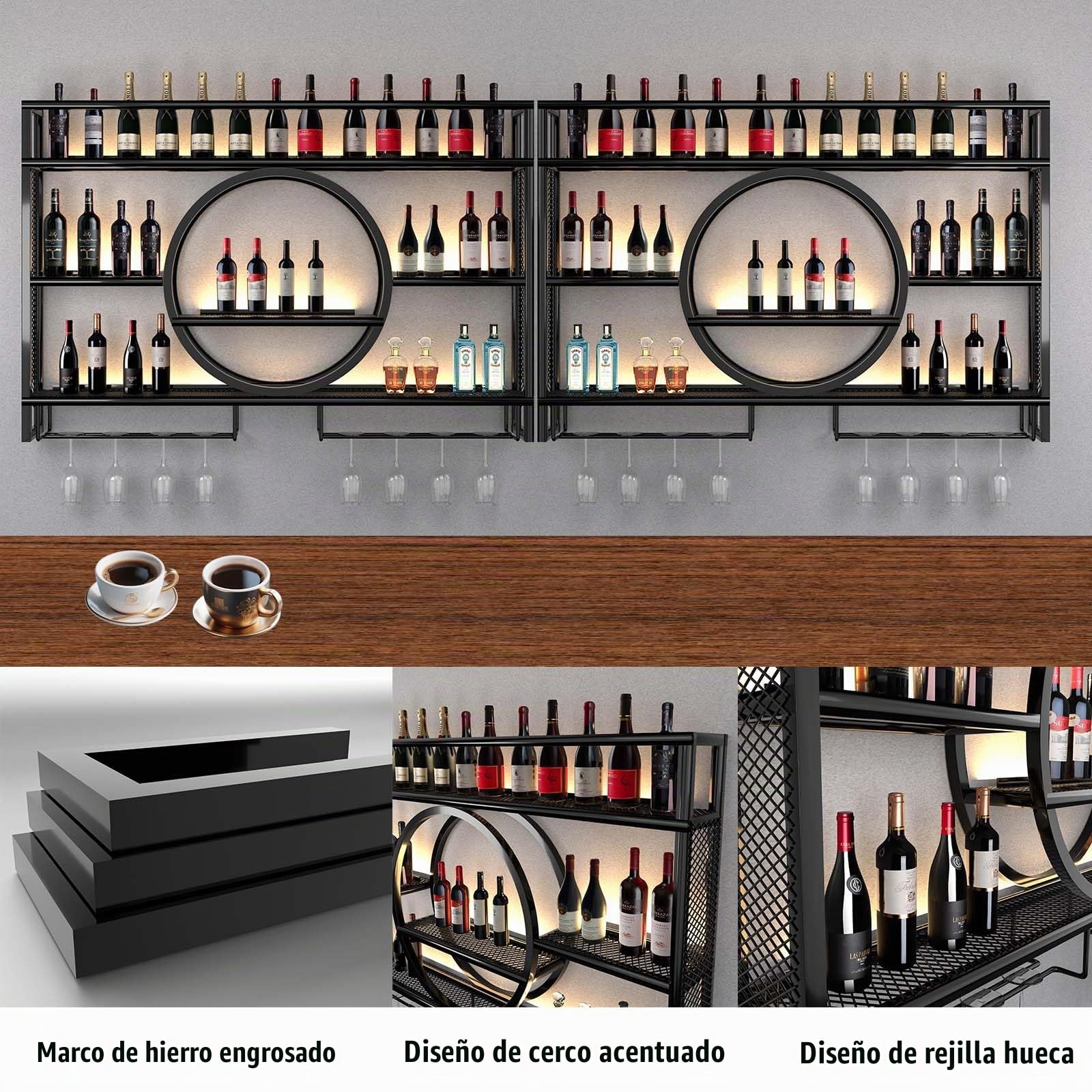 Estantería industrial para vino montada en la pared, soporte flotante para exhibición de vino con LED y rayas de sombreado, estantería multifuncional para el hogar, restaurante, bares (Black, 120CM)