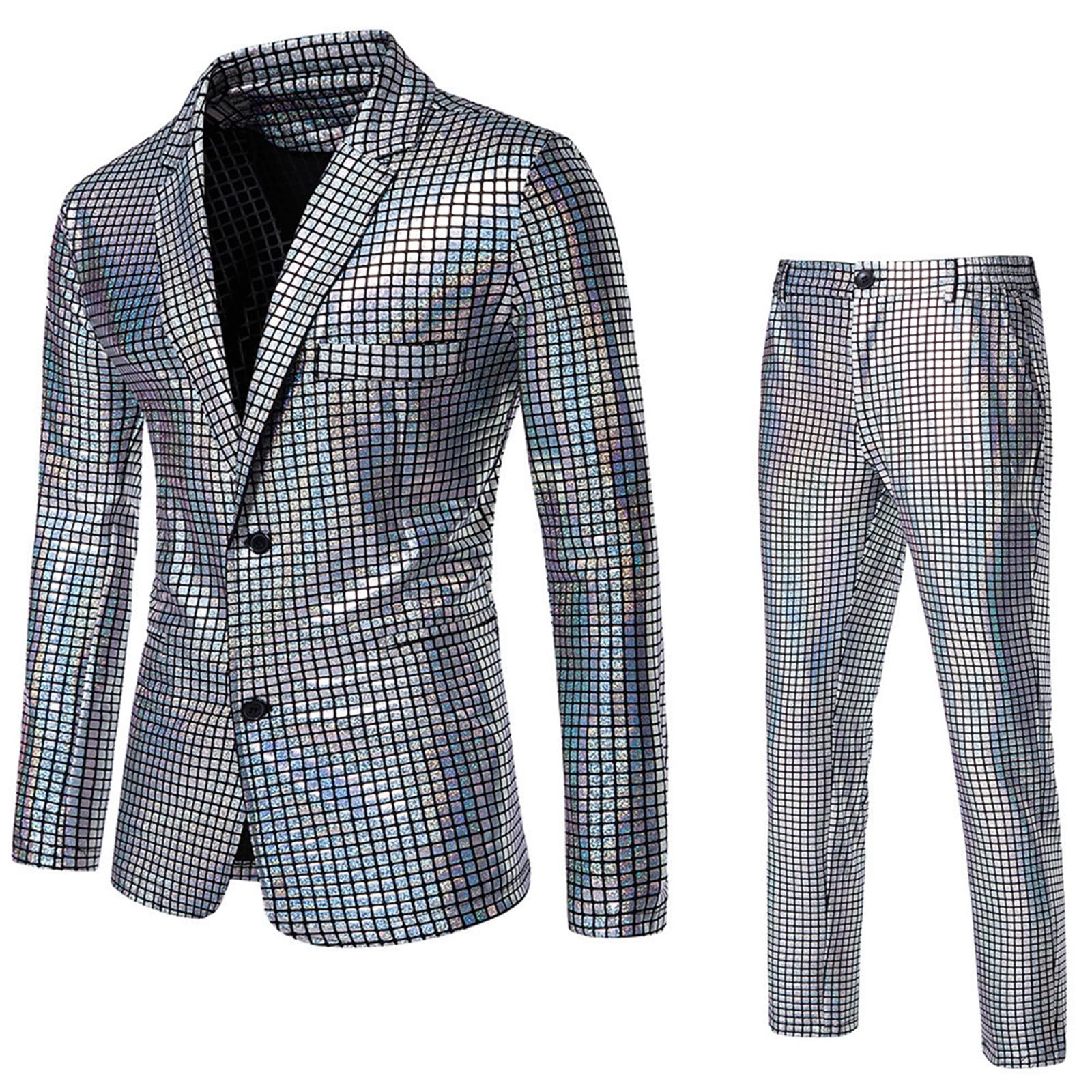 Anzug Herren 2 Teilig Disco Sets Glitzer Jacke und Hose Metallic Glänzende Pailletten Anzüge für Discokugel Party Karneval Kustüm Hochzeit 70er 80er Jahre Outfit Mottoparty Elegant Herrenanzüge