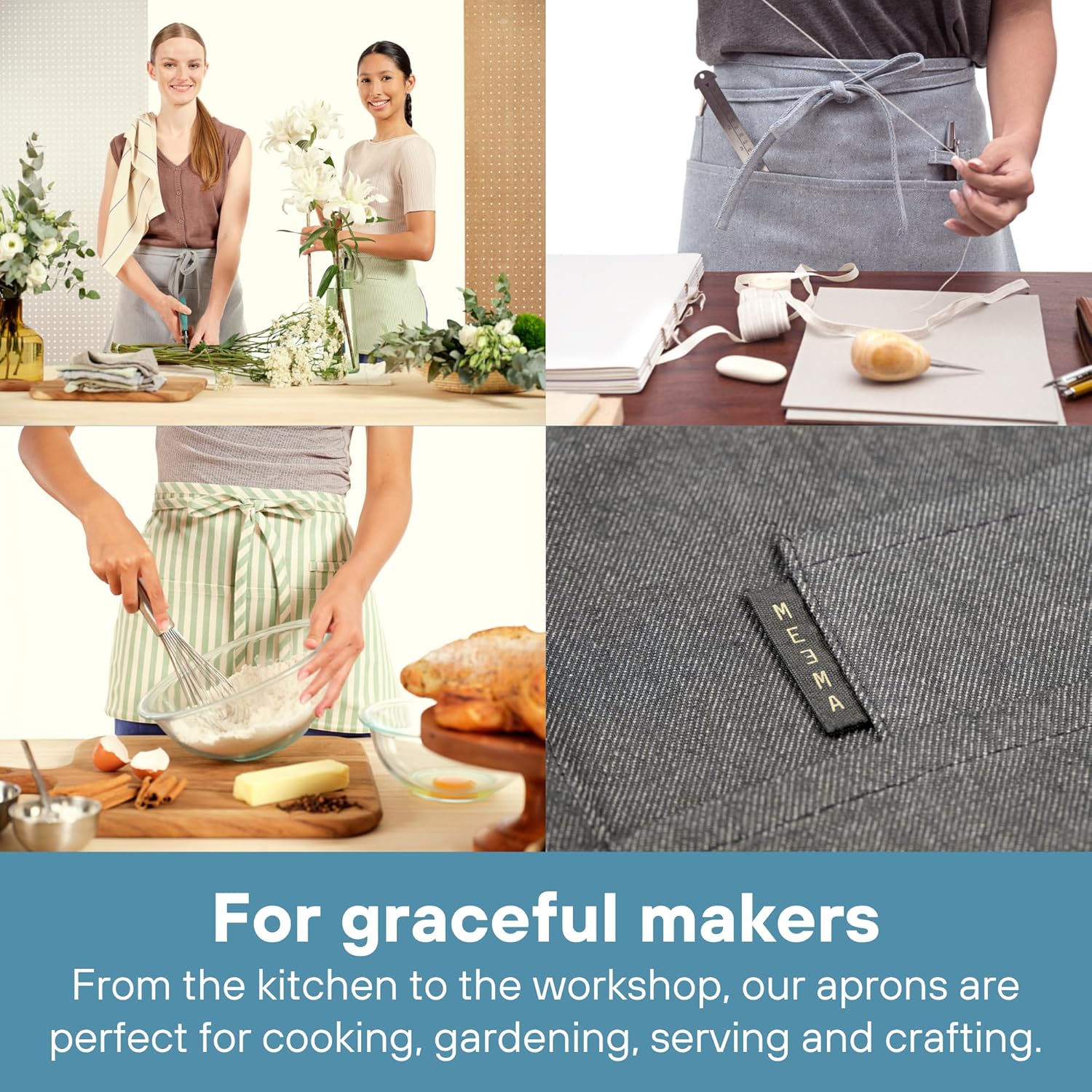 MEEMA Chef Waist Apron Cotton Fabric |Washable & Breathable Waitress & Server Half Aprons for Women with Pockets & Long Waist Straps | Cooking, Baking, Grilling & Crafting