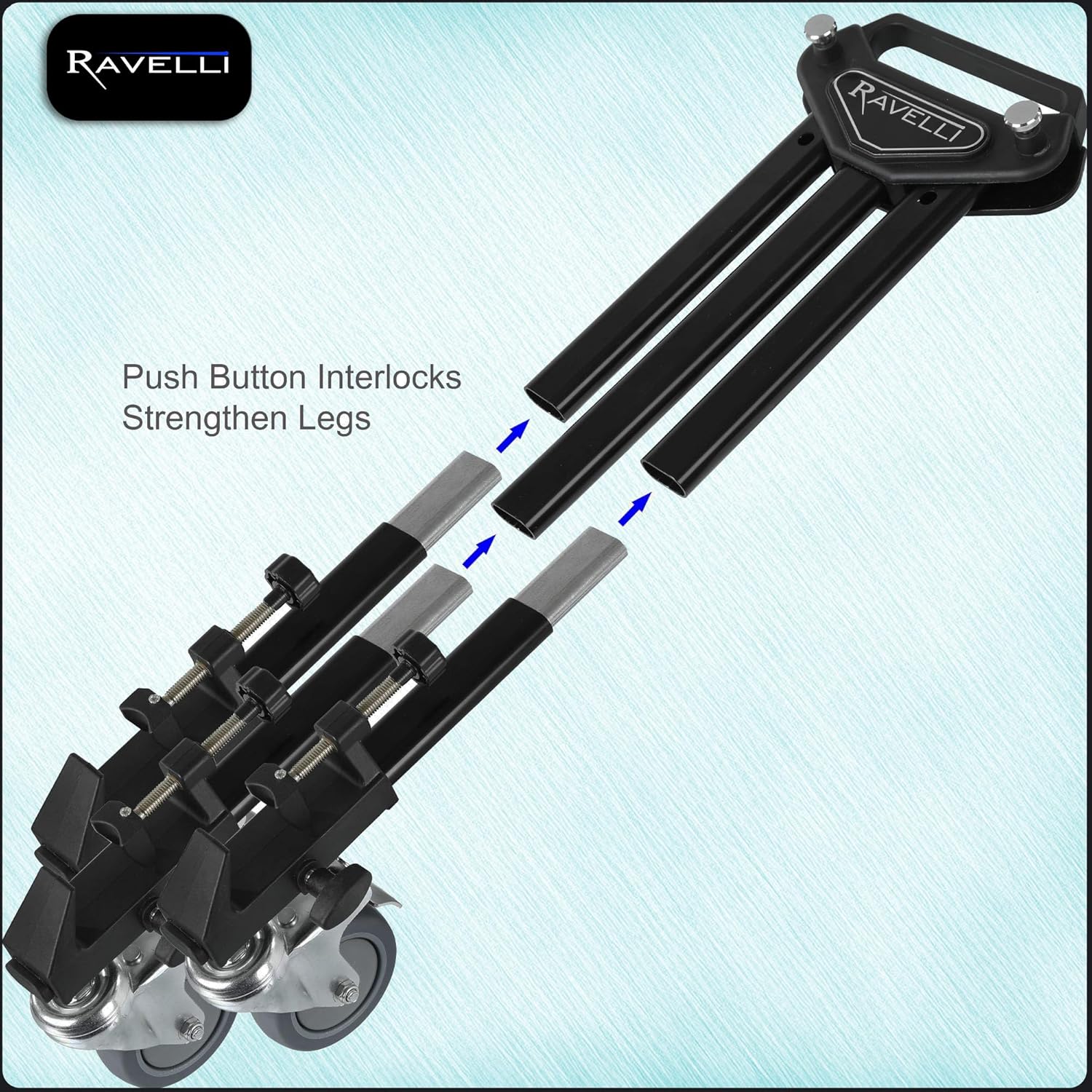 Close-up of Ravelli ATD Tripod Dolly wheel with step-lock brake and adjustable tripod foot clamp
