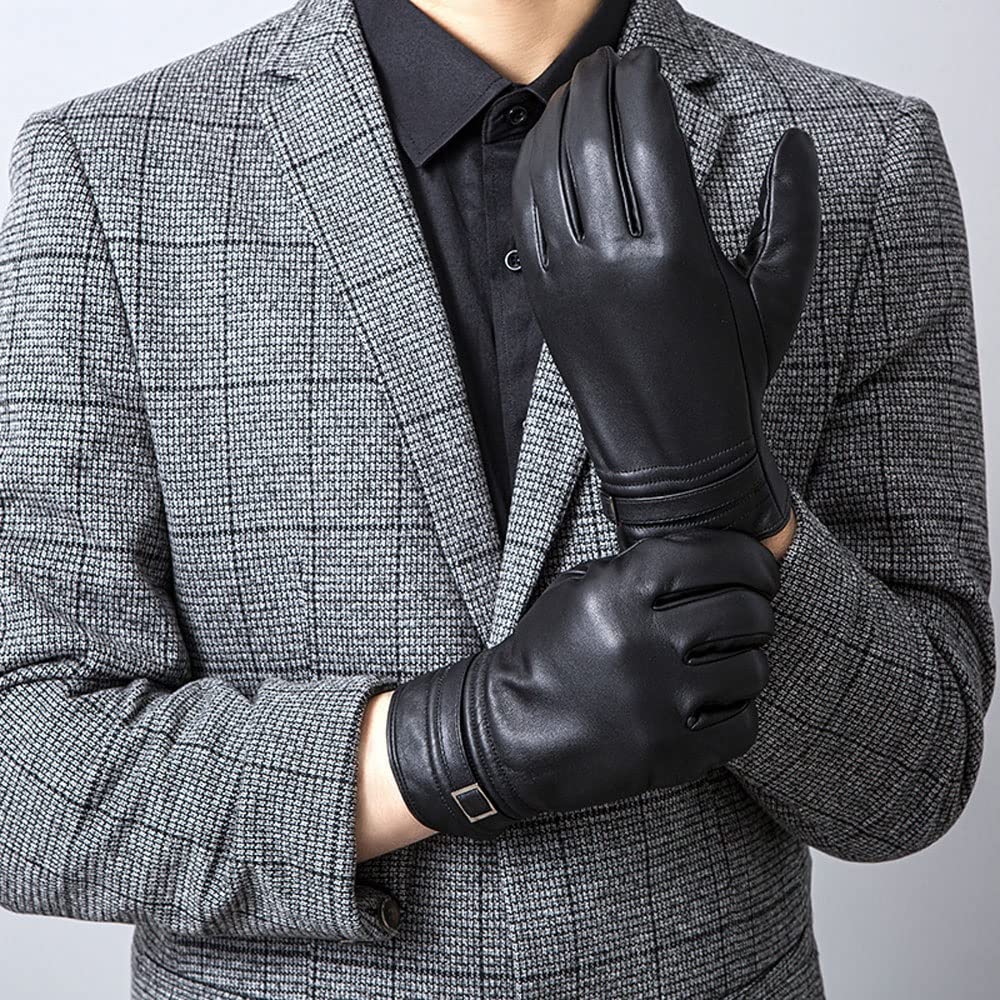 Gorro térmico Guantes de Cuero for Hombre Pantalla táctil Forro Polar Piel Oveja Negro ML XL
