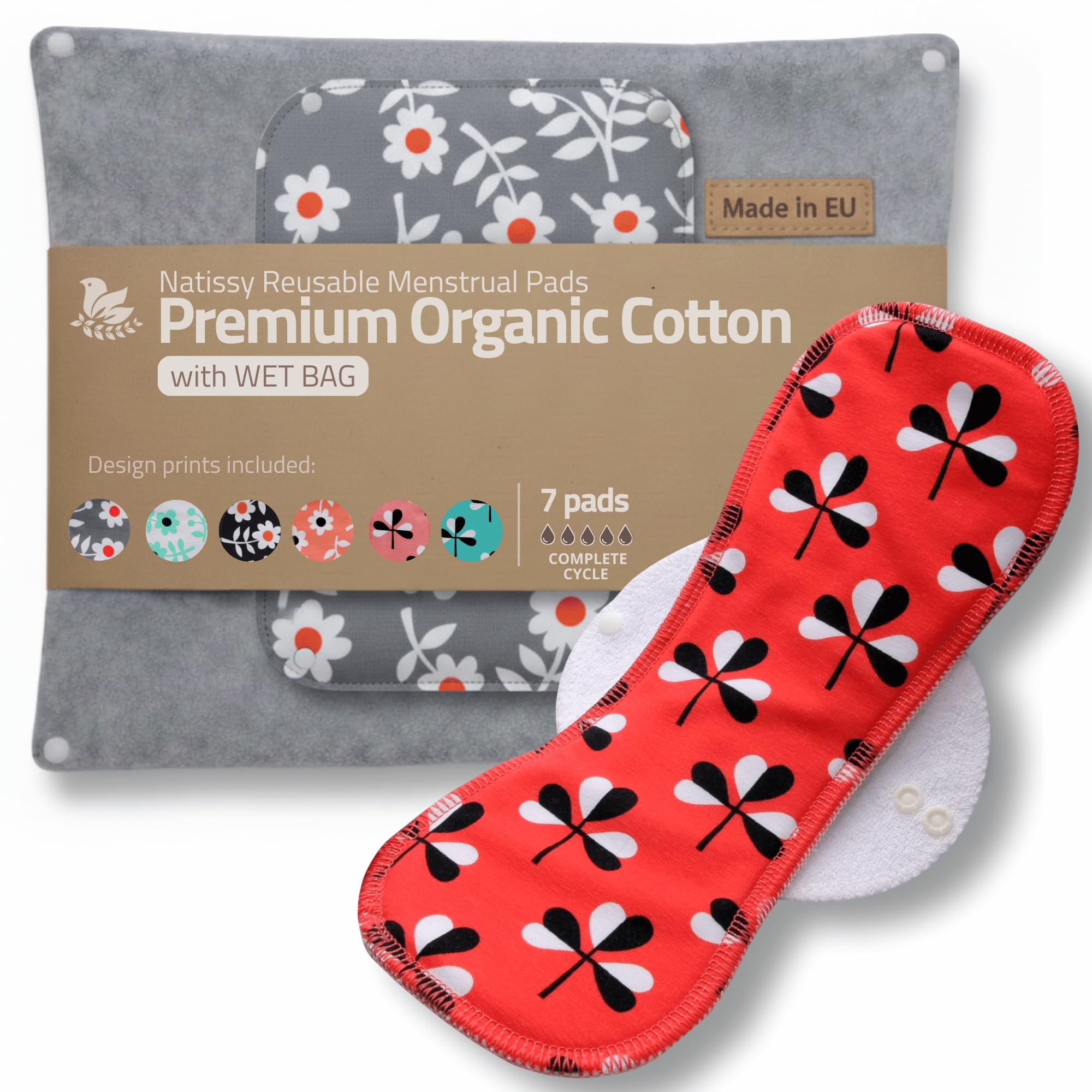 Compresas reutilizables en algodón orgánico para flujo menstrual ligero y abundante (S+M+L+XL, 7 uds); lavables a alta T°, HECHAS EN LA UE; suaves, no irritantes y cómodas, compresas tela para mujeres — view 12
